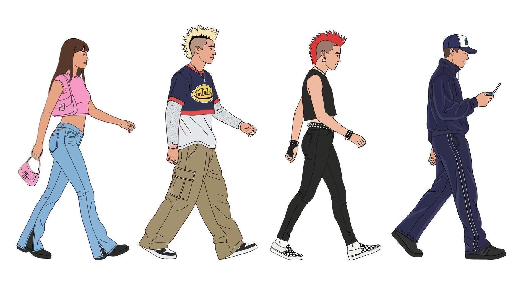 Fashionable Teenagers Walking with Isolated on White. vector