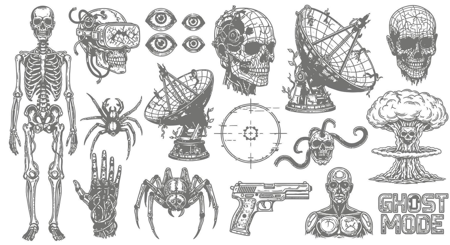Cyberpunk Skull Collection with Anatomy, and VR Set. vector