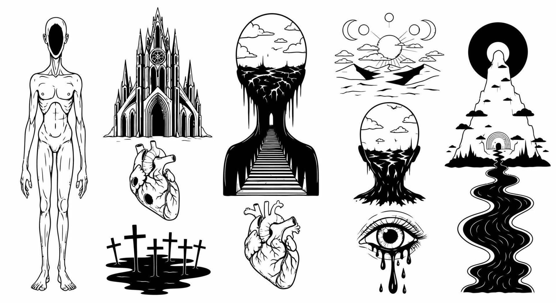 Gothic Surrealism Icon Set. vector