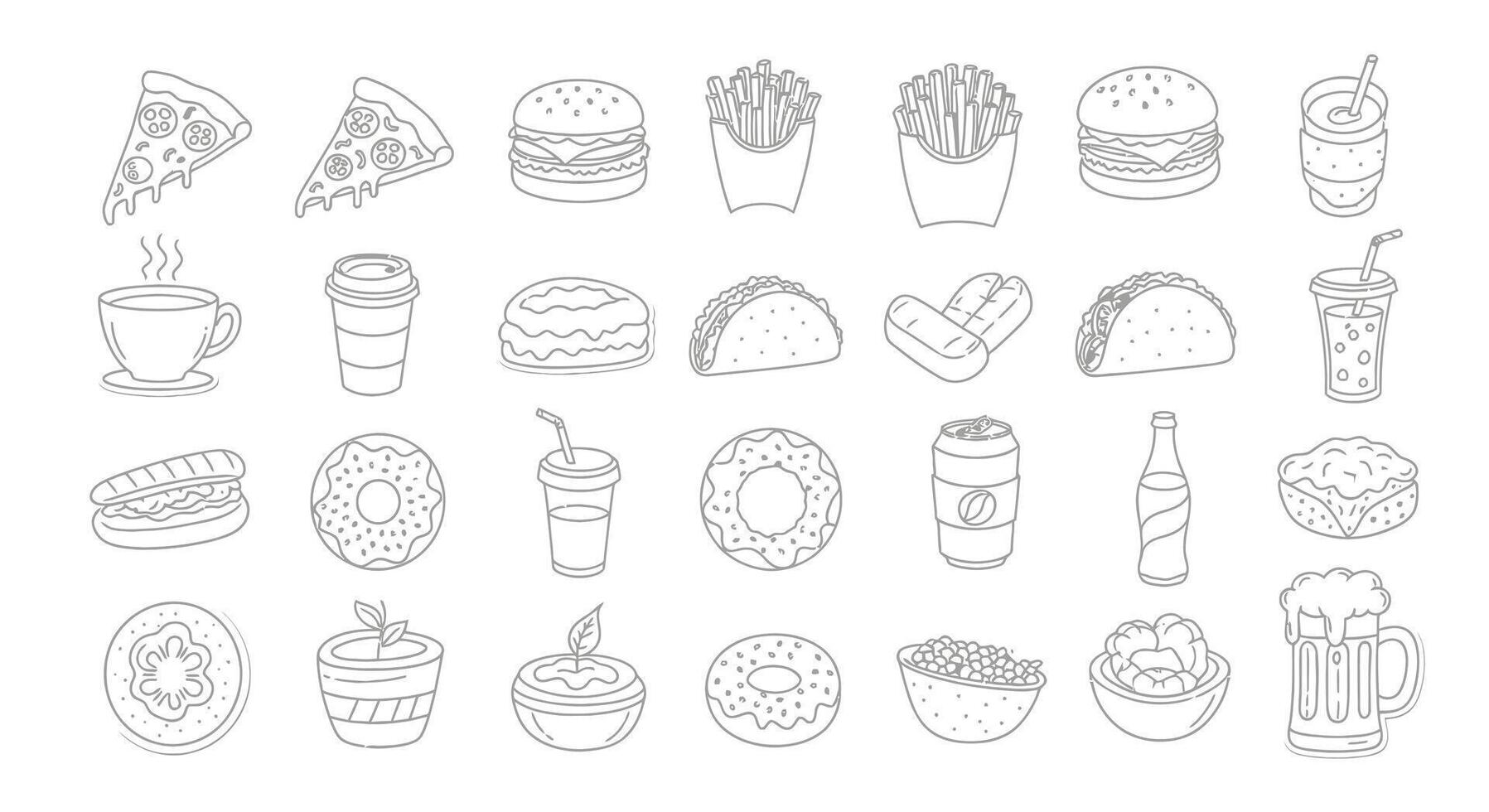 Fast Food Doodles Pizza with Burger, Fries, and Drink. vector