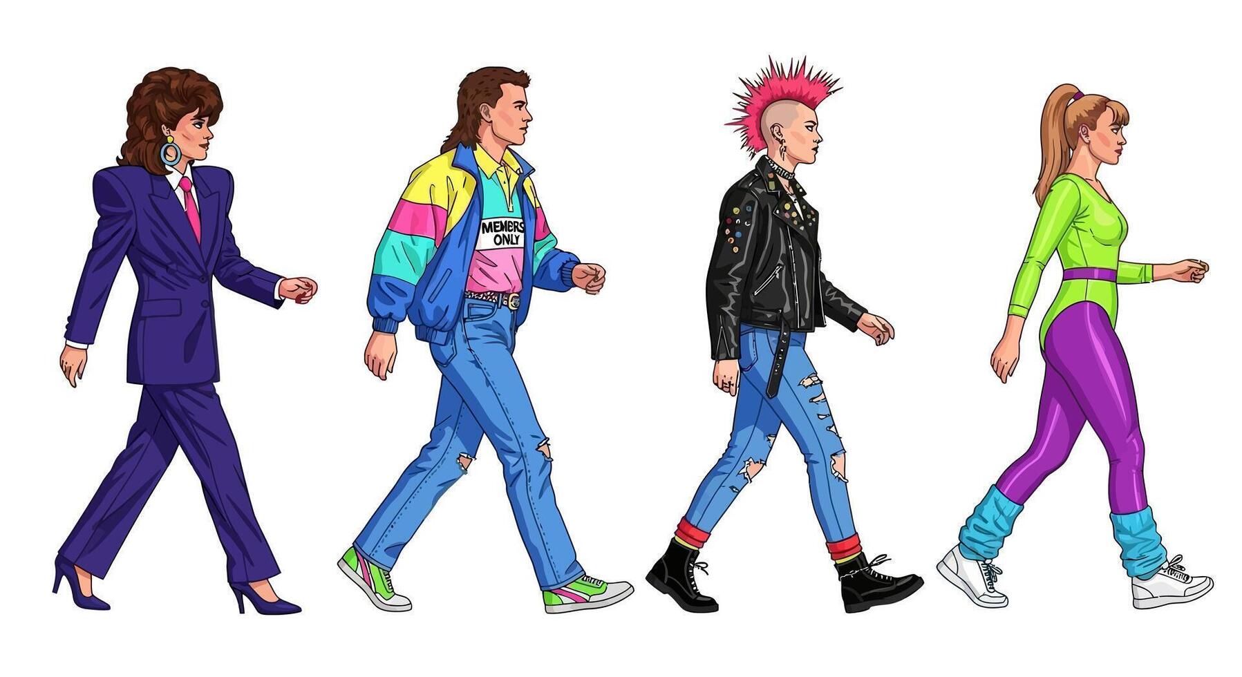 80s Fashion Walk Retro Style Group. vector