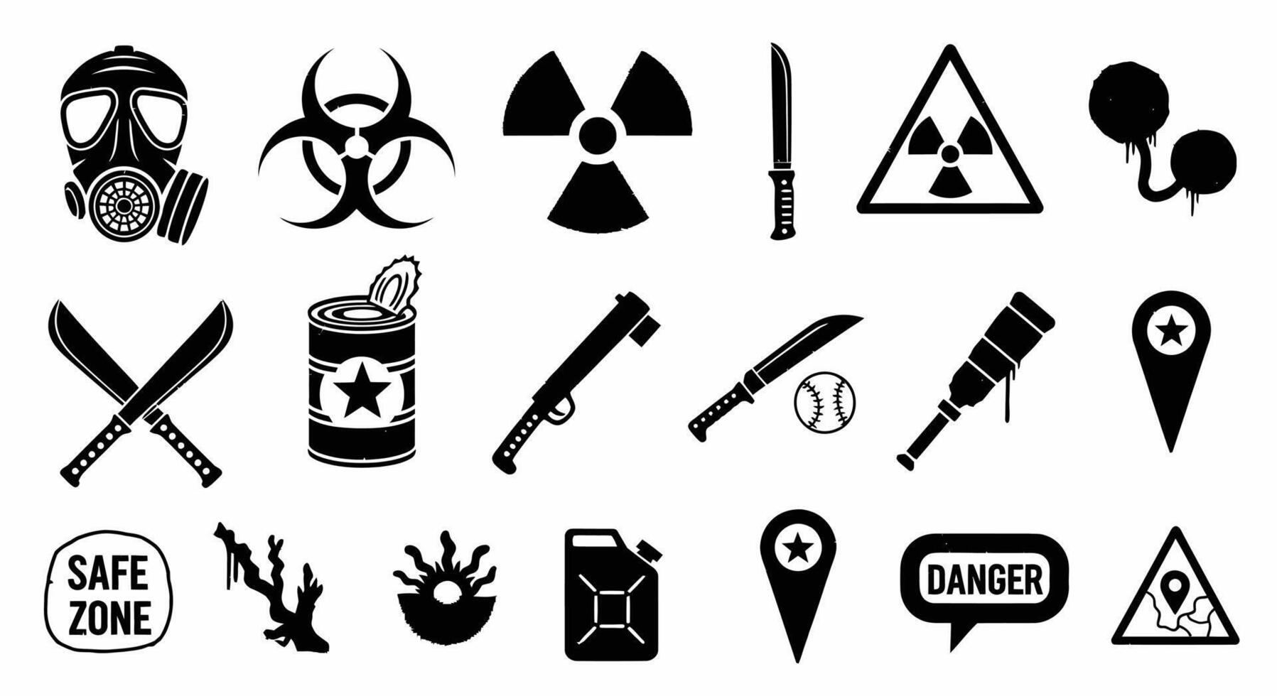 Apocalypse survival set Black and White. vector