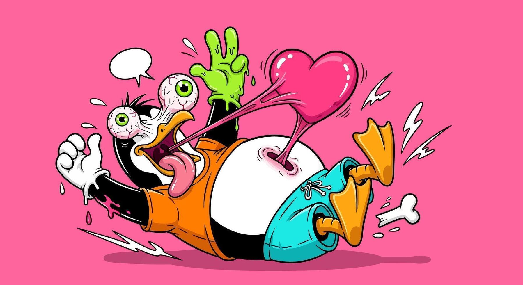 Crazy cartoon duck with heart attack on pink. vector
