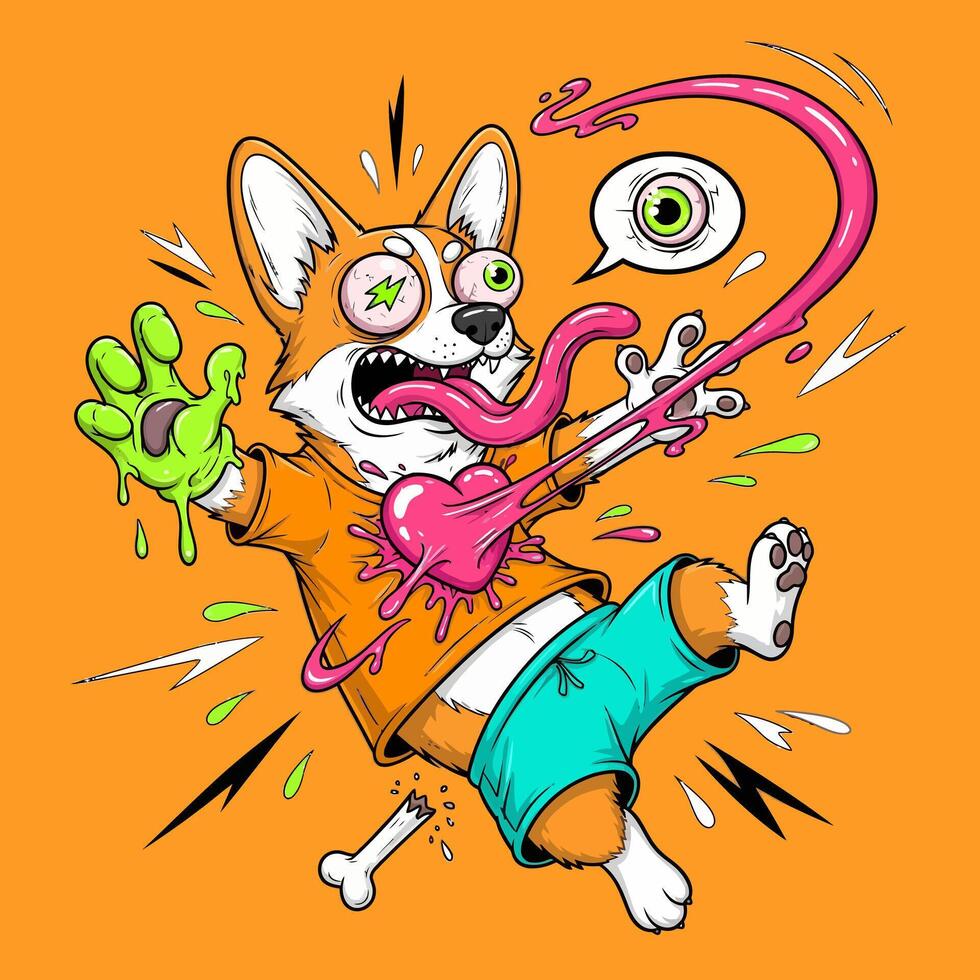 Crazy Corgi Dog with Comic Illustration, and Pet. vector