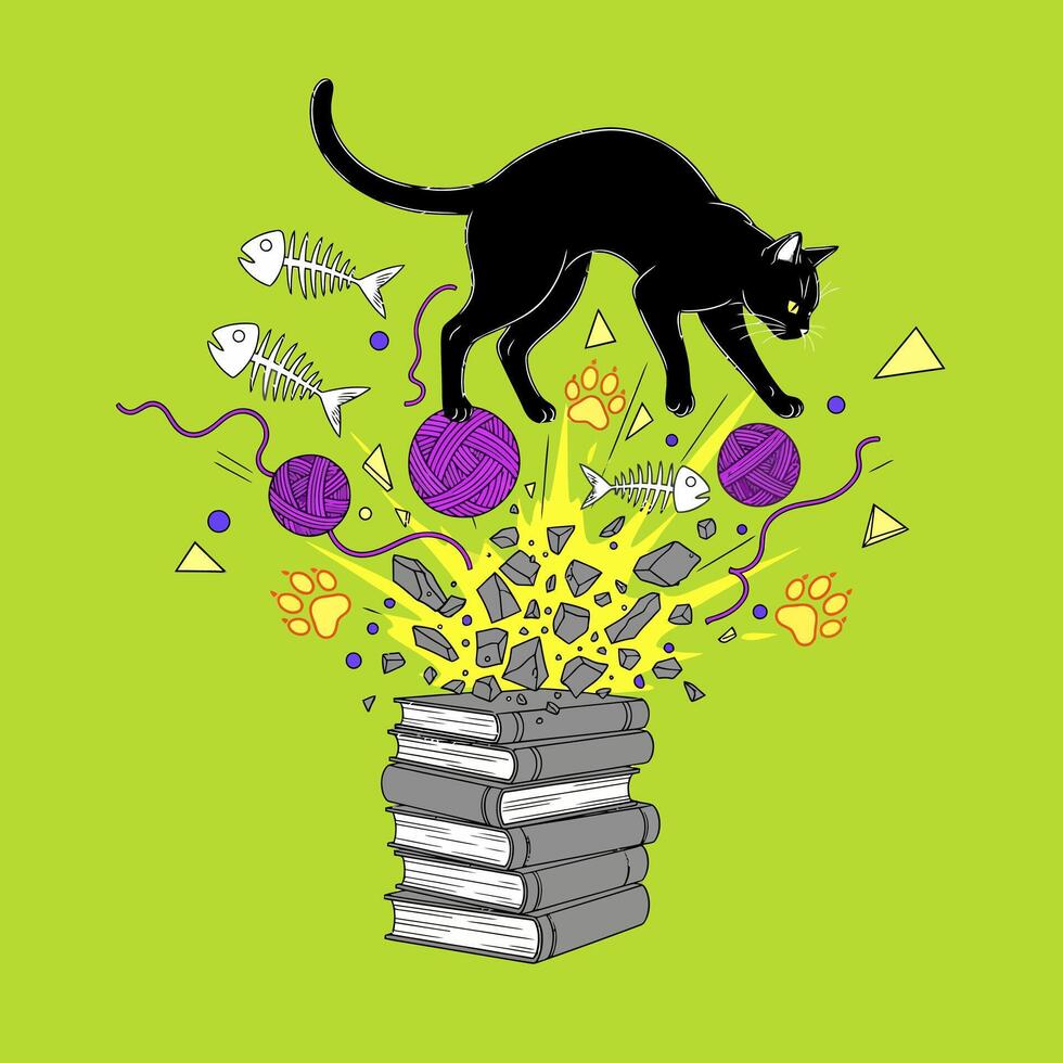 Black cat playing on books stack Pet cartoon. vector