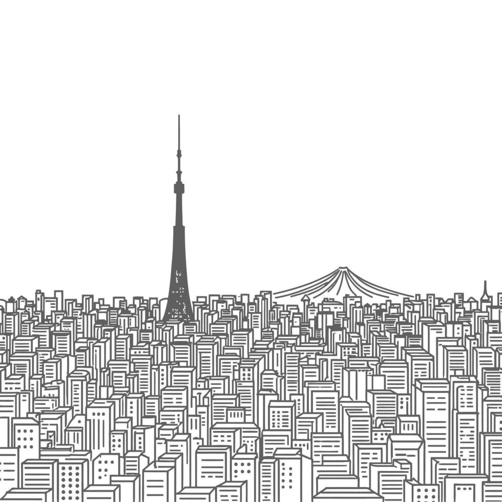 Tokyo Skyline with Tower, Fuji, line art, and Japan. vector