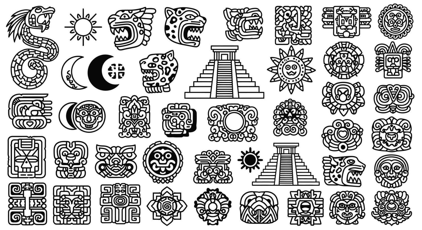 Mayan Symbols Set Ancient Icons Line Art. vector