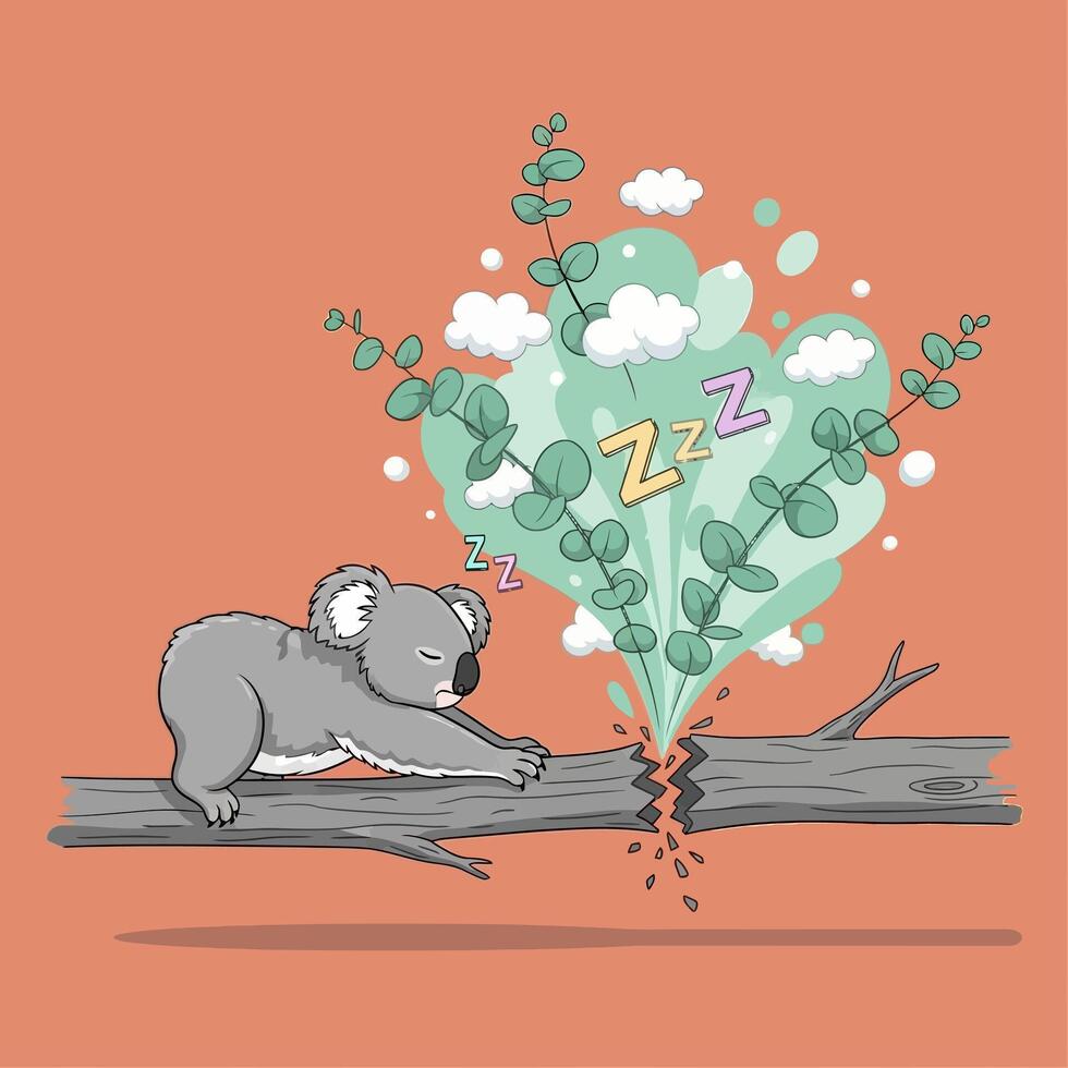 Koala Sleeping with Eucalyptus Dream, and Cartoon Style. vector