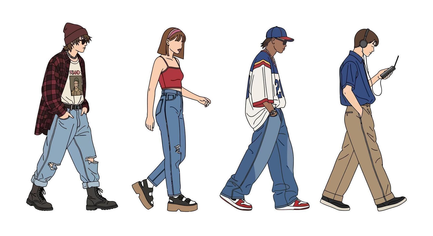 Diverse teens walking with urban fashion, and isolated. vector