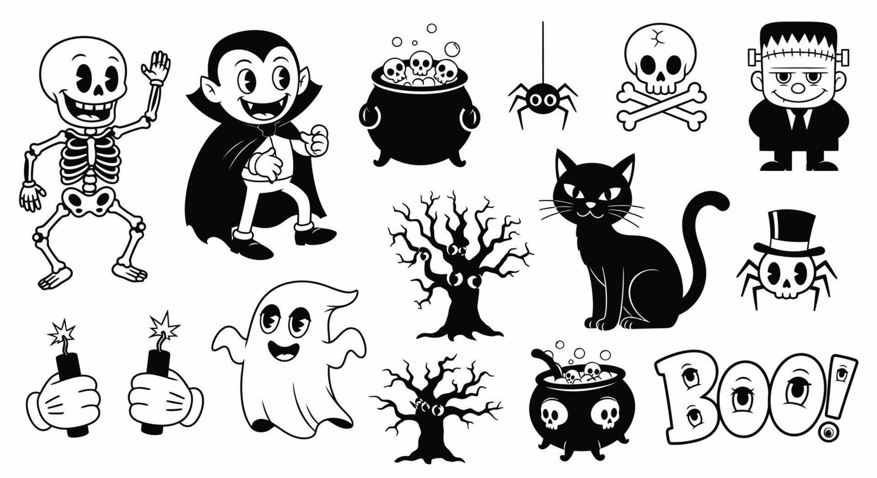 Halloween icons set with cartoon style, and black white. vector
