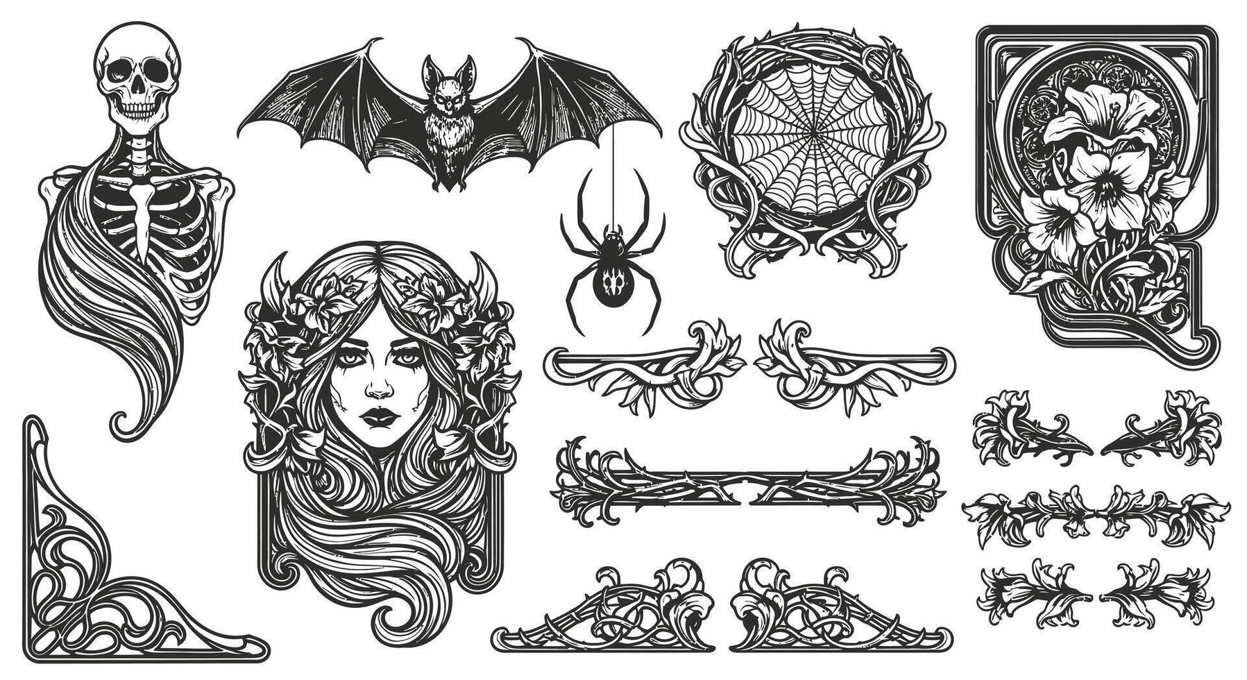 Gothic Art Nouveau elements with skeleton, bat, and spider. vector