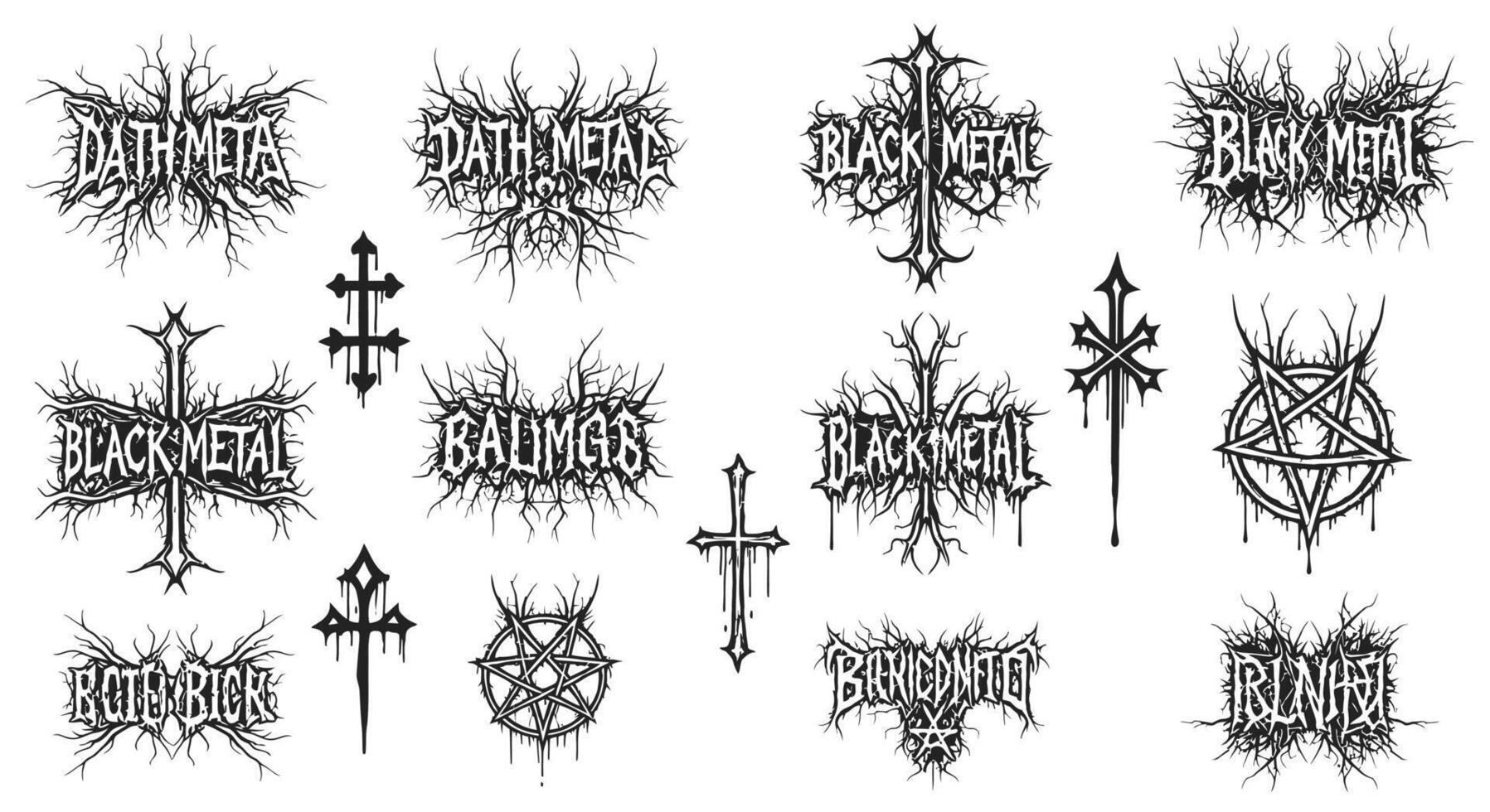 Black Metal Logo Set with Grunge, Cross, and Symbols. vector