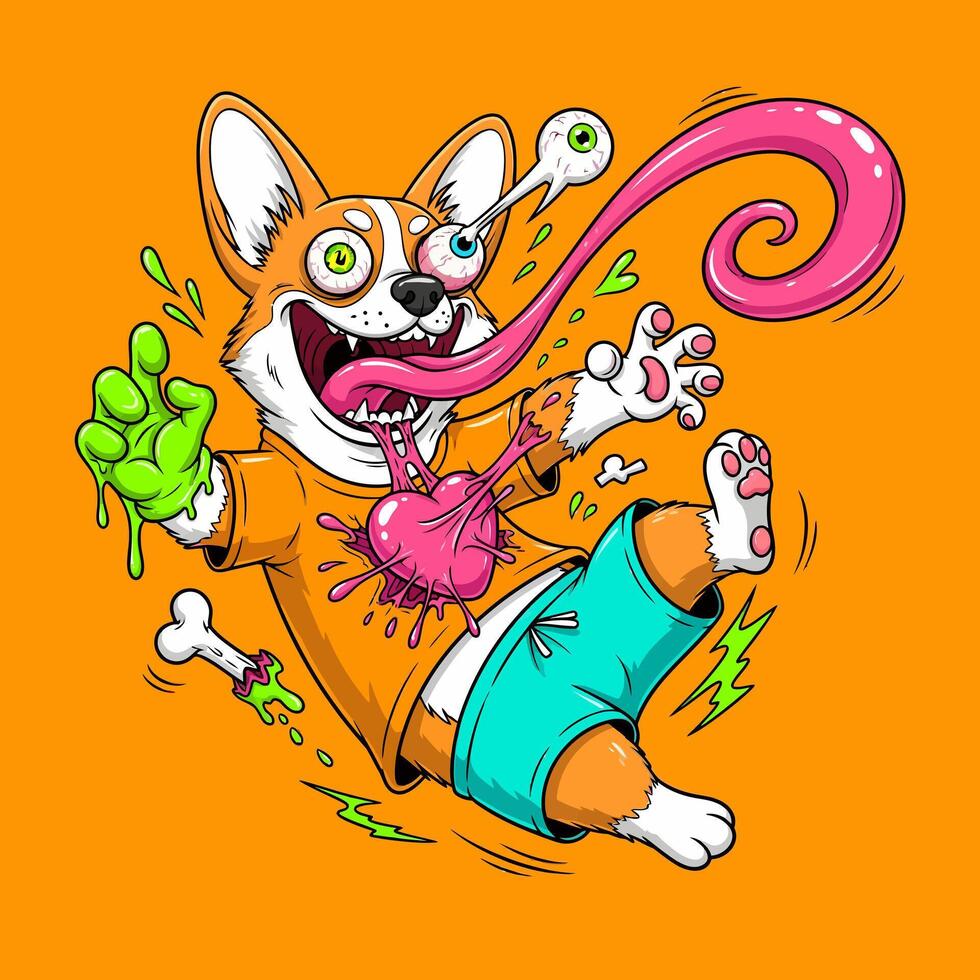 Corgi zombie cartoon on orange background. vector