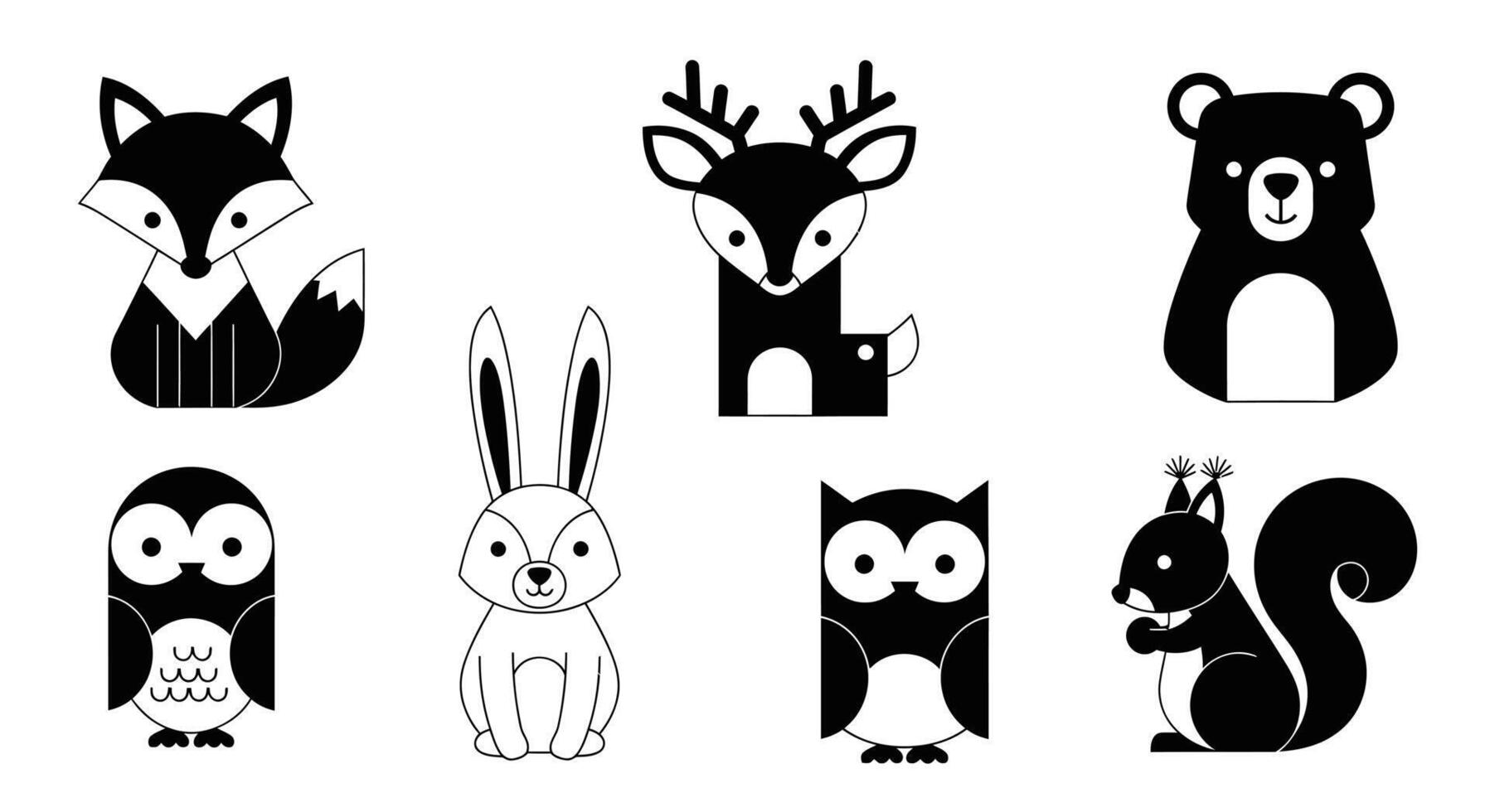 Cute Animal Icons Set Black and white. vector