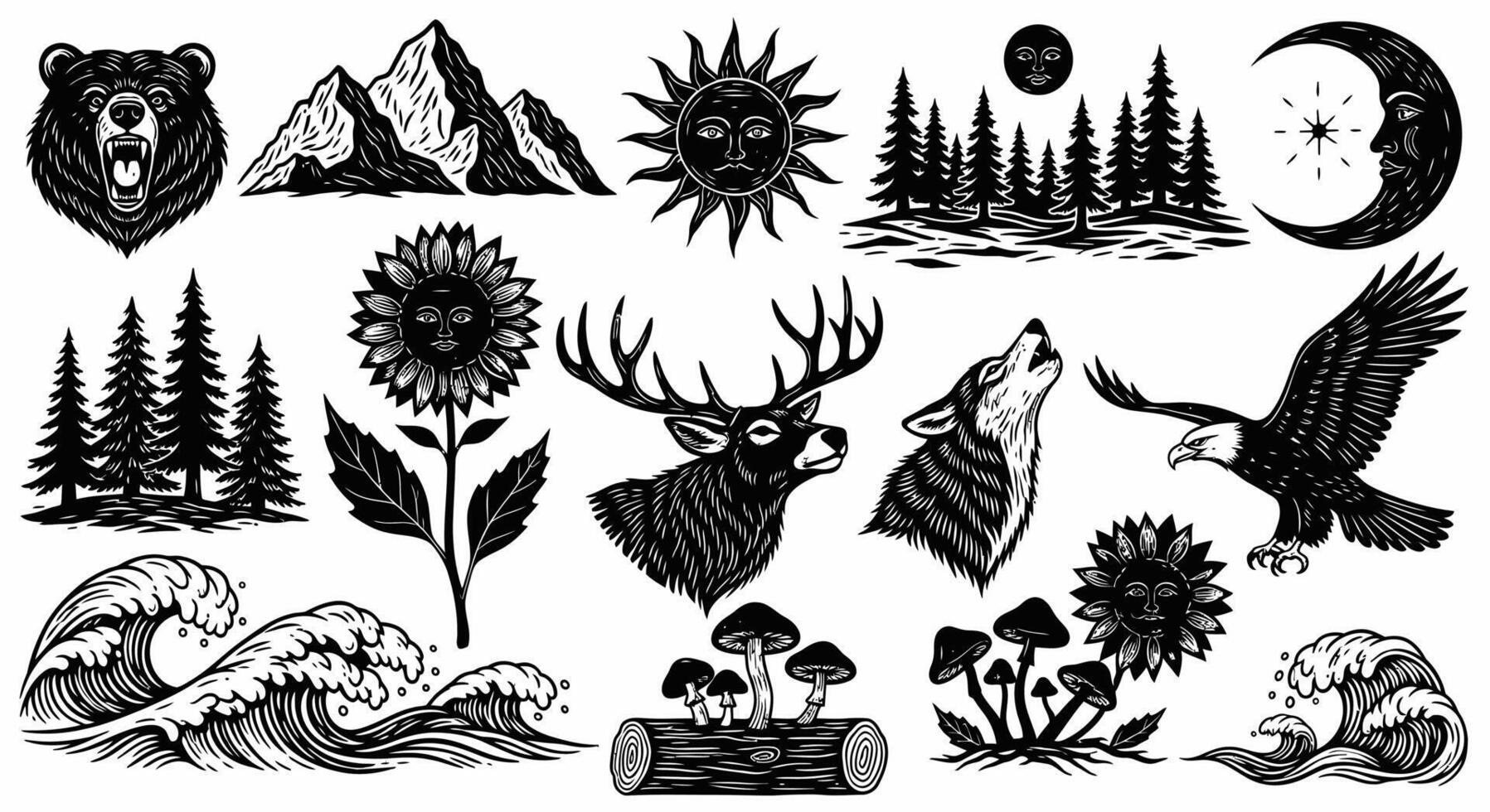 Tattoo nature elements set with black and white. vector