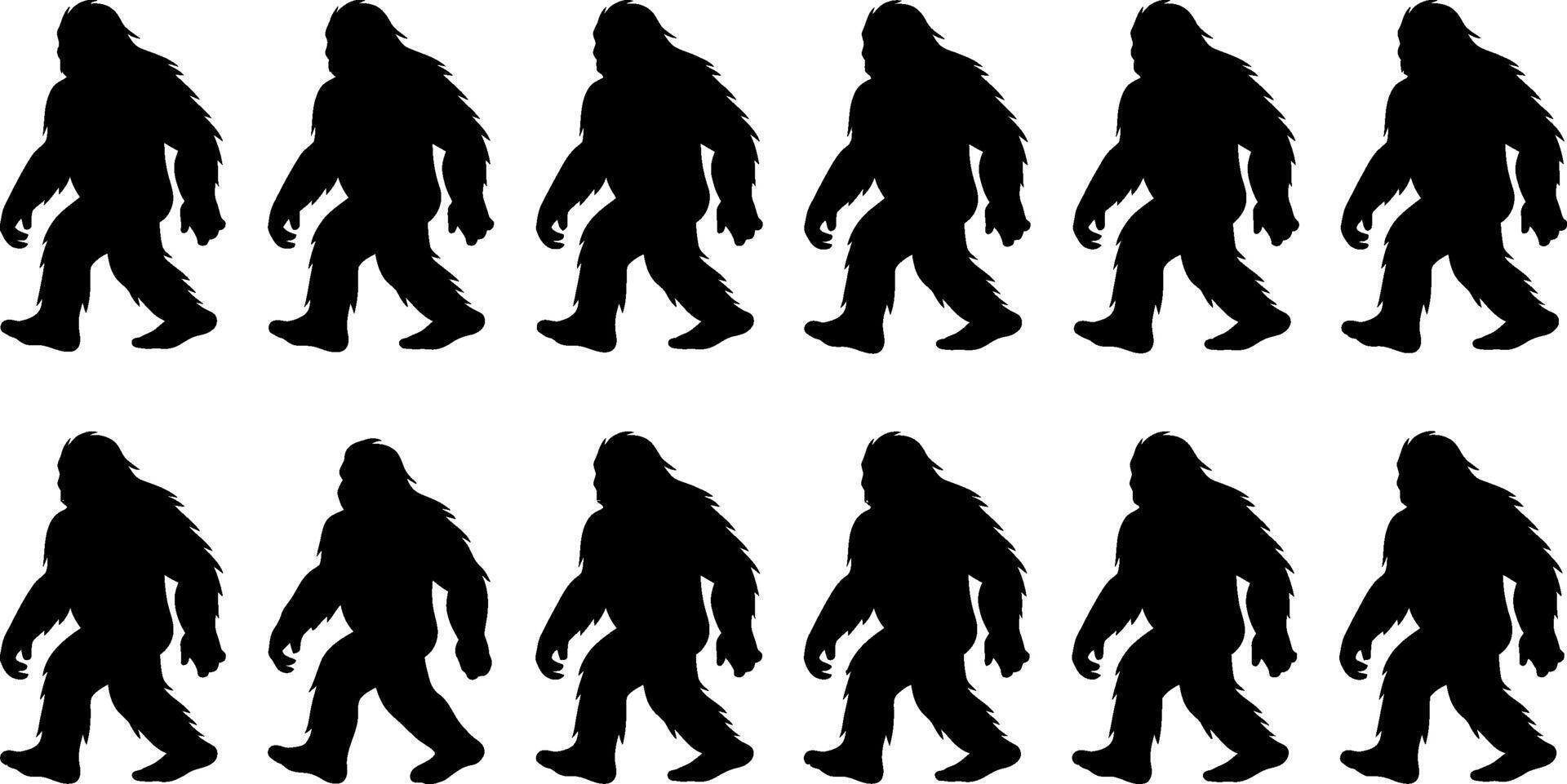 Multiple walking bigfoot sasquatch figures in a repeating pattern silhouette vector
