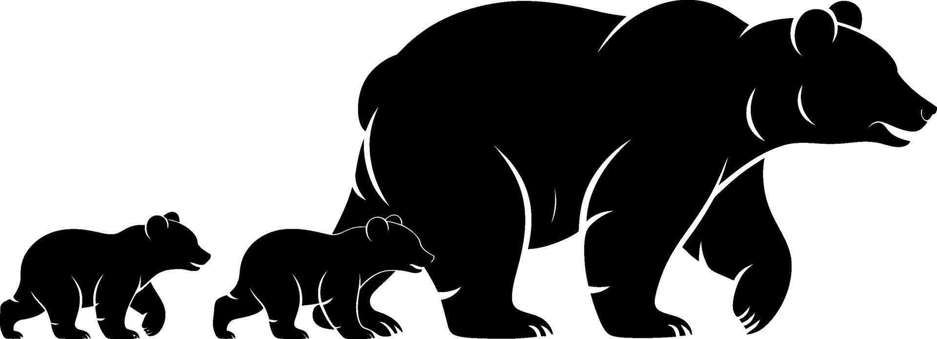 Bear family walking together in a simple black silhouette style vector