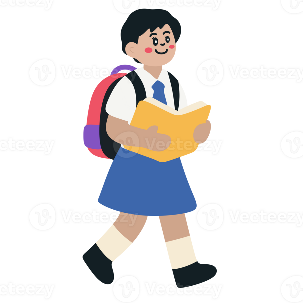 A girl in school uniform is walking with a book png