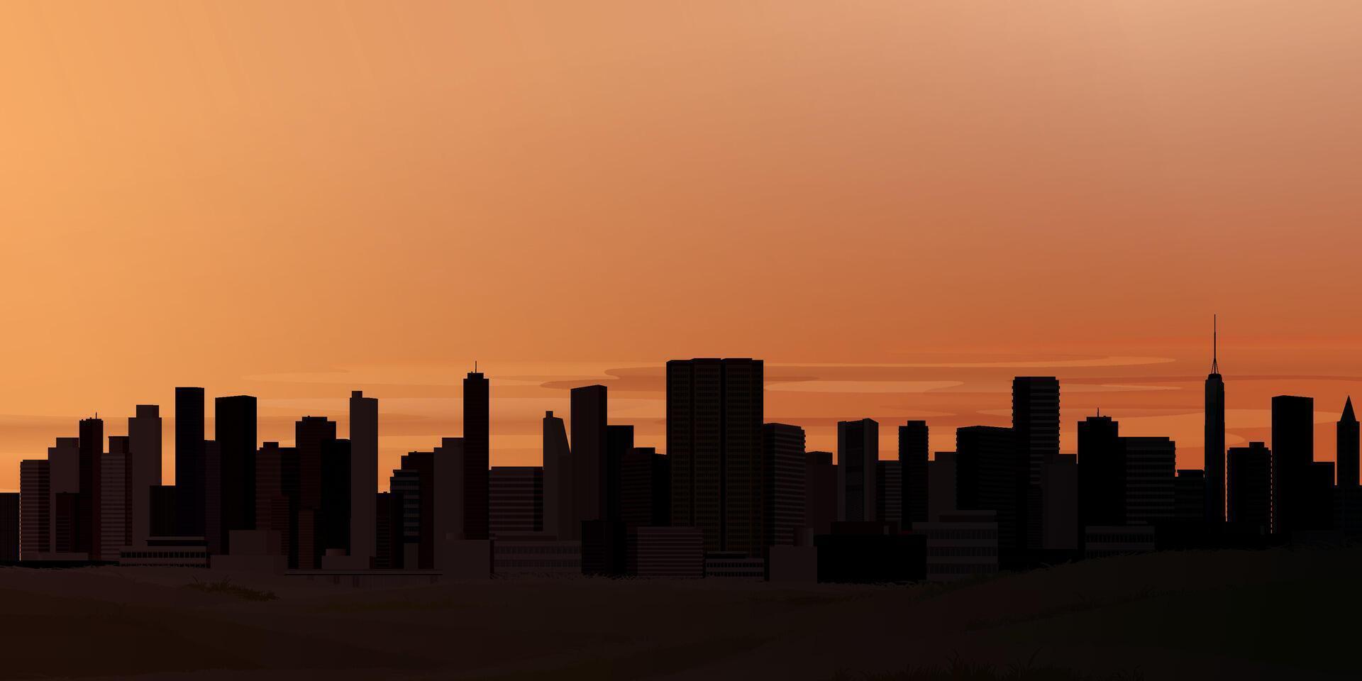 Minimalist cityscape with silhouette skyscrapers front view have sunset sky background graphic illustration have blank space. vector