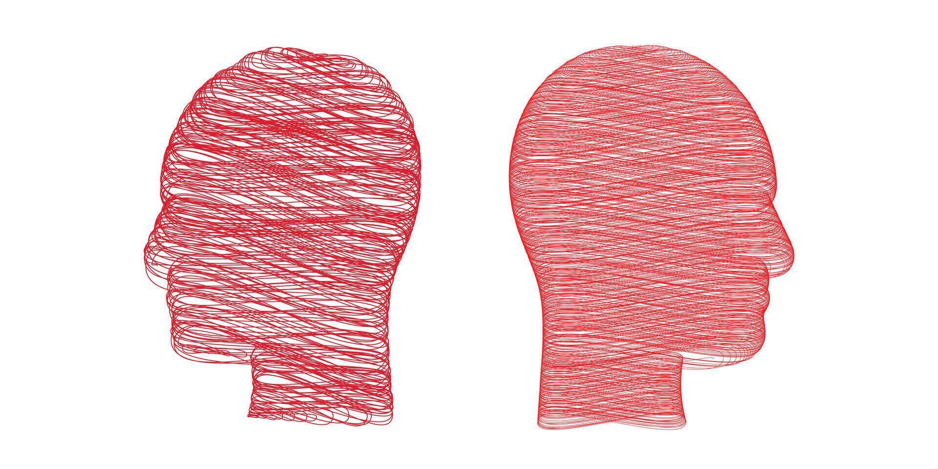 Abstract Red Profile Faces scribble line patterns Isolated on White. vector