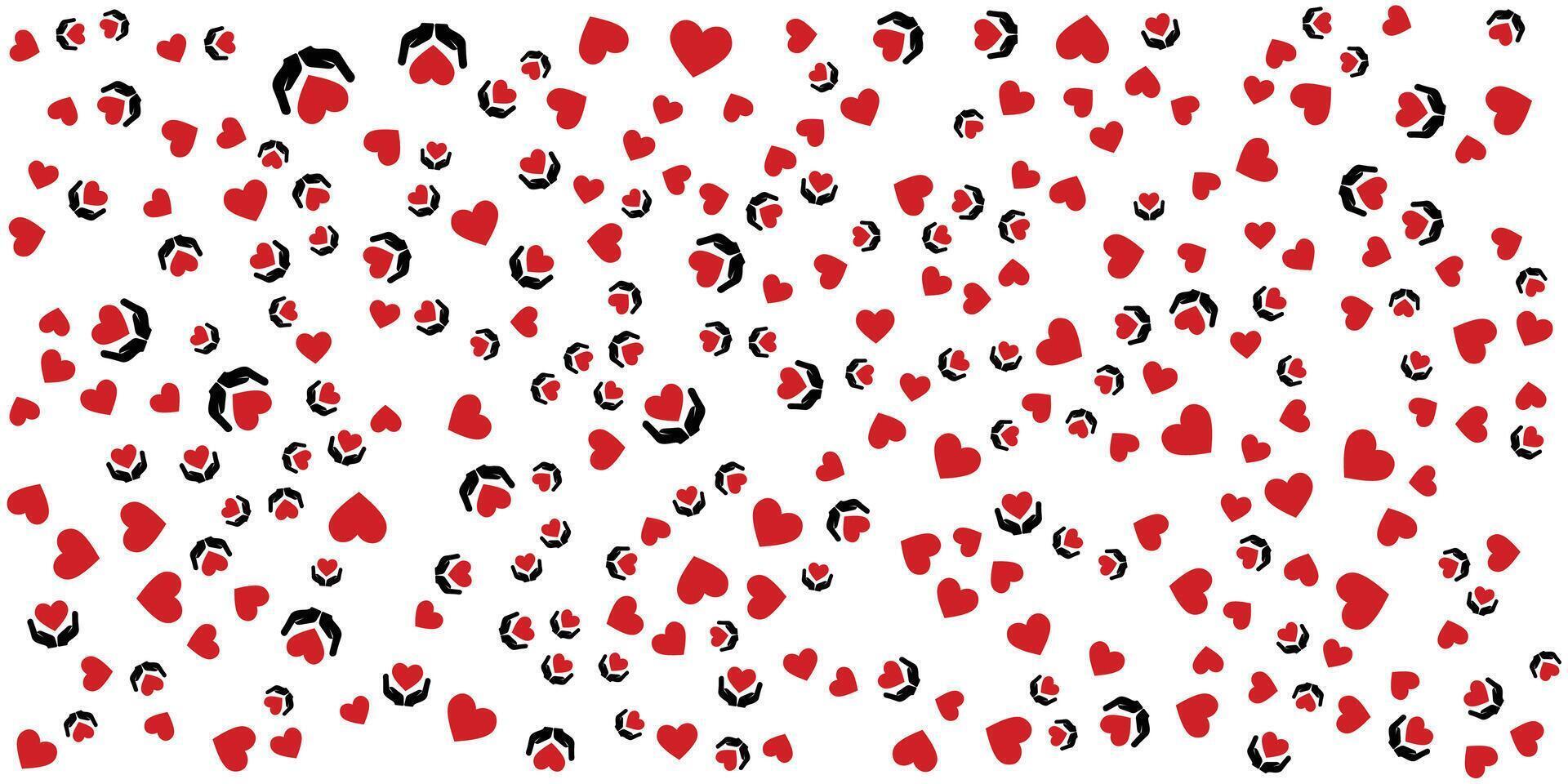 Red hearts and black silhouettes of hands holding hearts on a white background. vector