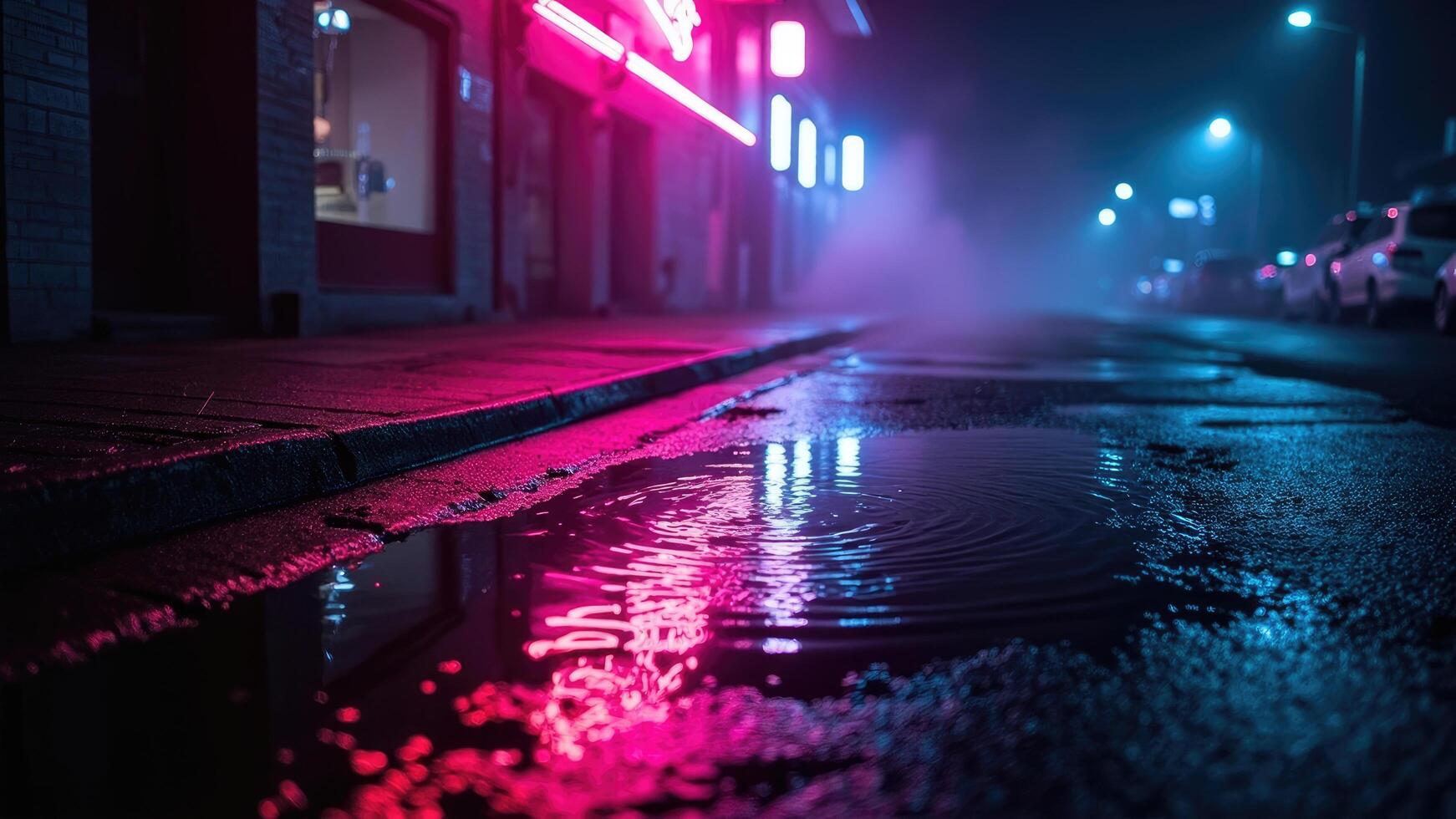 Neon night puddle reflection urban scene photo