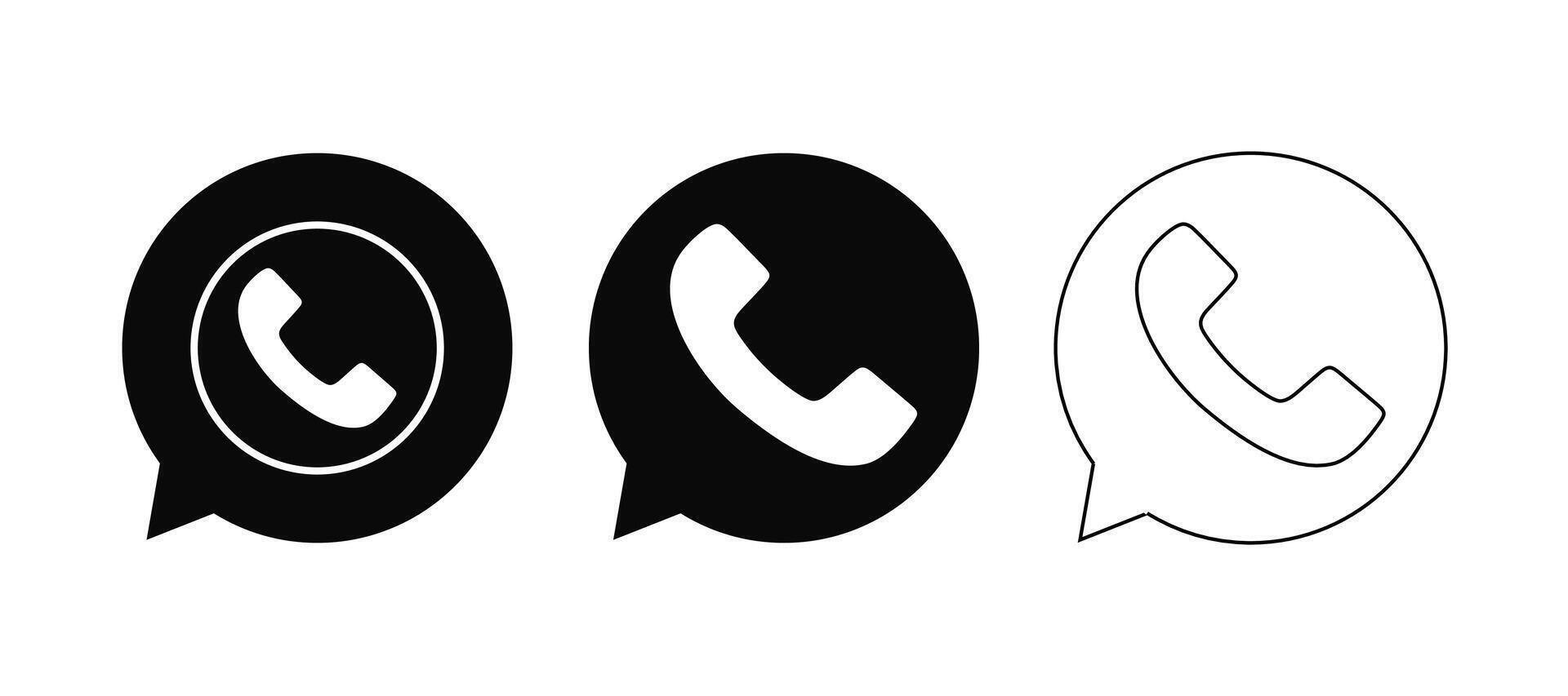 Phone Call Icons Solid Black, Solid White, and Outline on White Background. vector