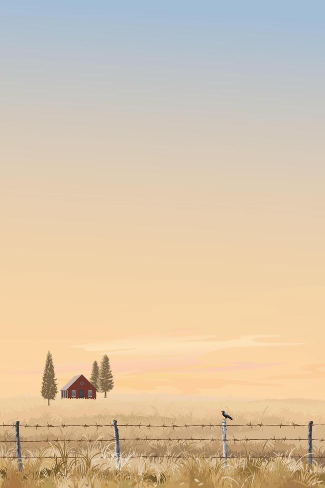 Farmhouse and fence in sunset vector