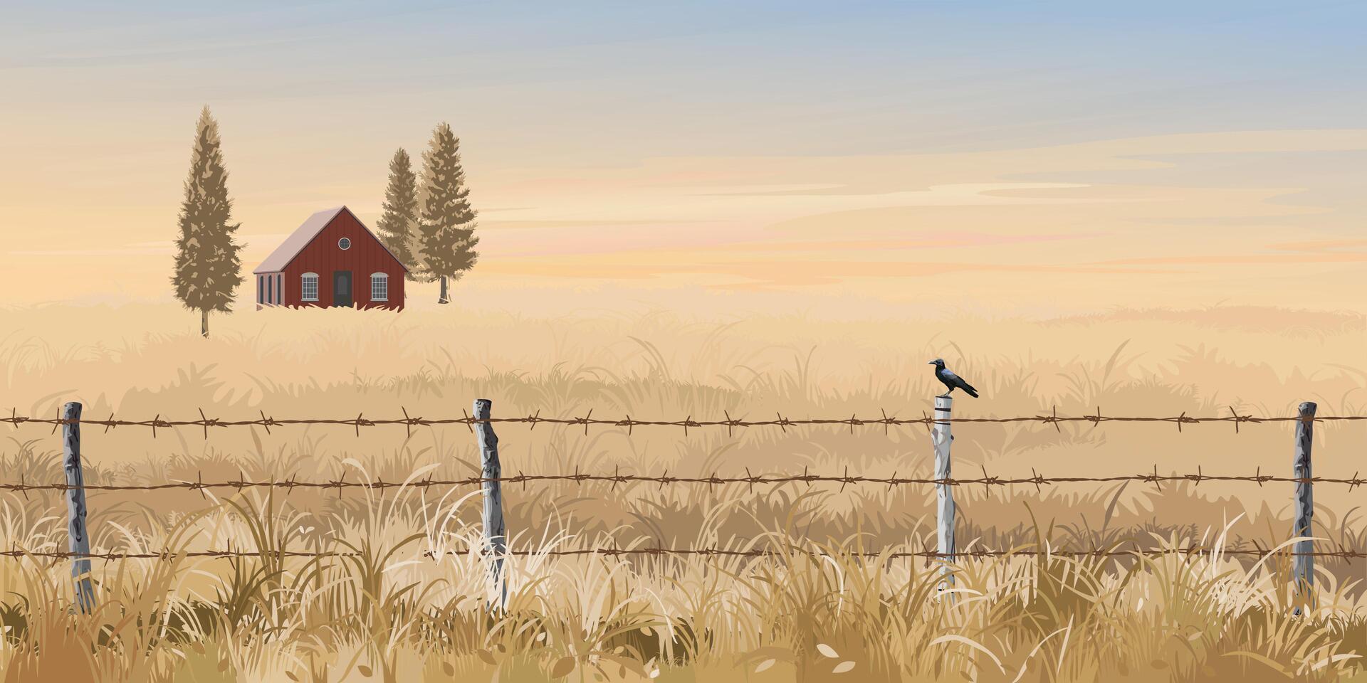 Countryside with a red barn and barbed wire vector