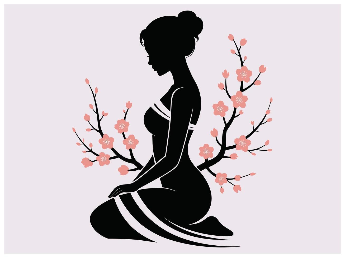 Graceful Silhouette Art of Japanese Woman with Classic Bun and Floral Elements vector