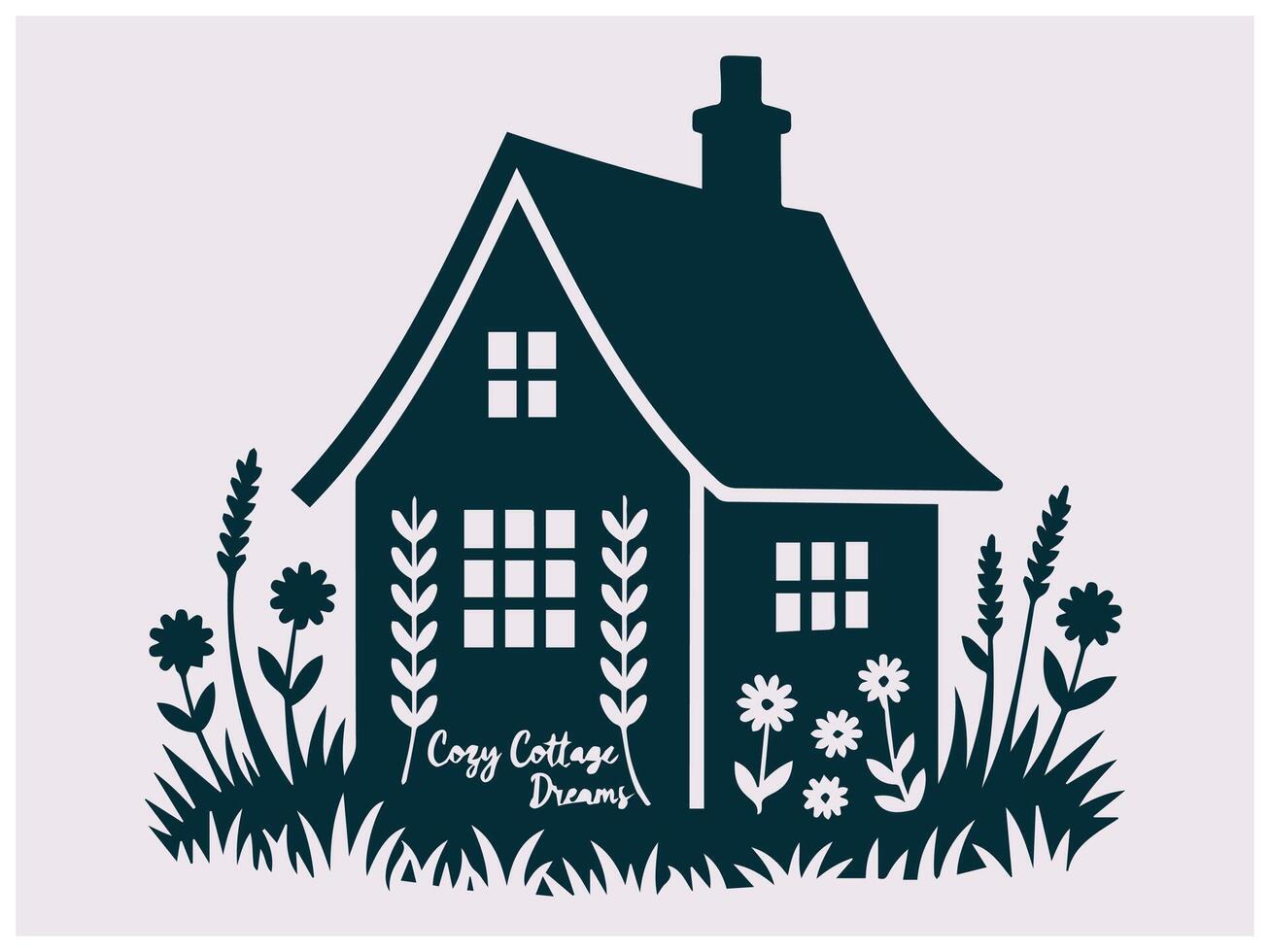 Flower Meadow Landscape with Country Cabin House Silhouette vector