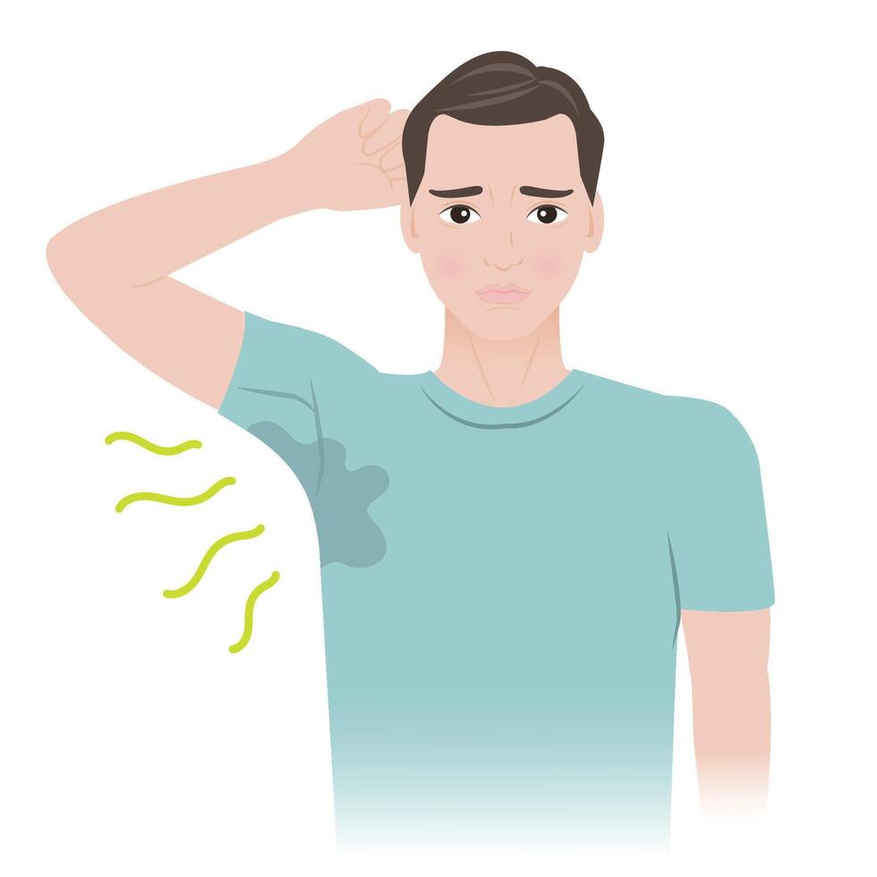 The man with body odor problem illustration. The guy is sweating and feeling bad smell from his armpits The body odor men is caused by a mix of bacteria and sweat on skin surface. vector