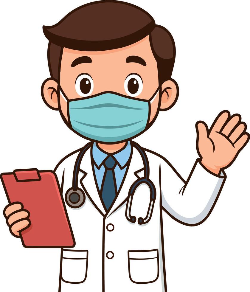 Doctor waving with clipboard and mask vector