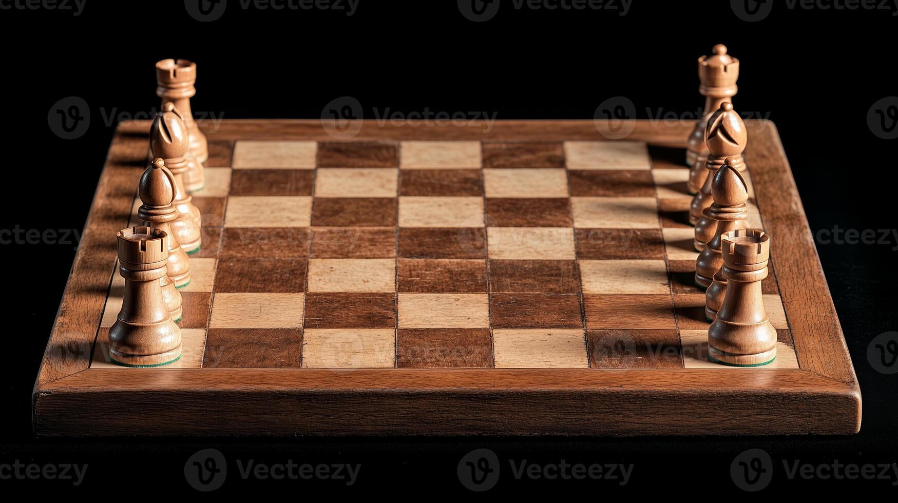 Chess game setup with wooden pieces on a checkered board in a low-light environment creating a dramatic atmosphere photo