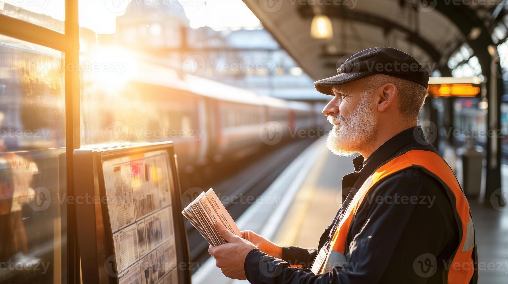 Train station attendant reviewing schedules during sunset at a busy railway platform photo