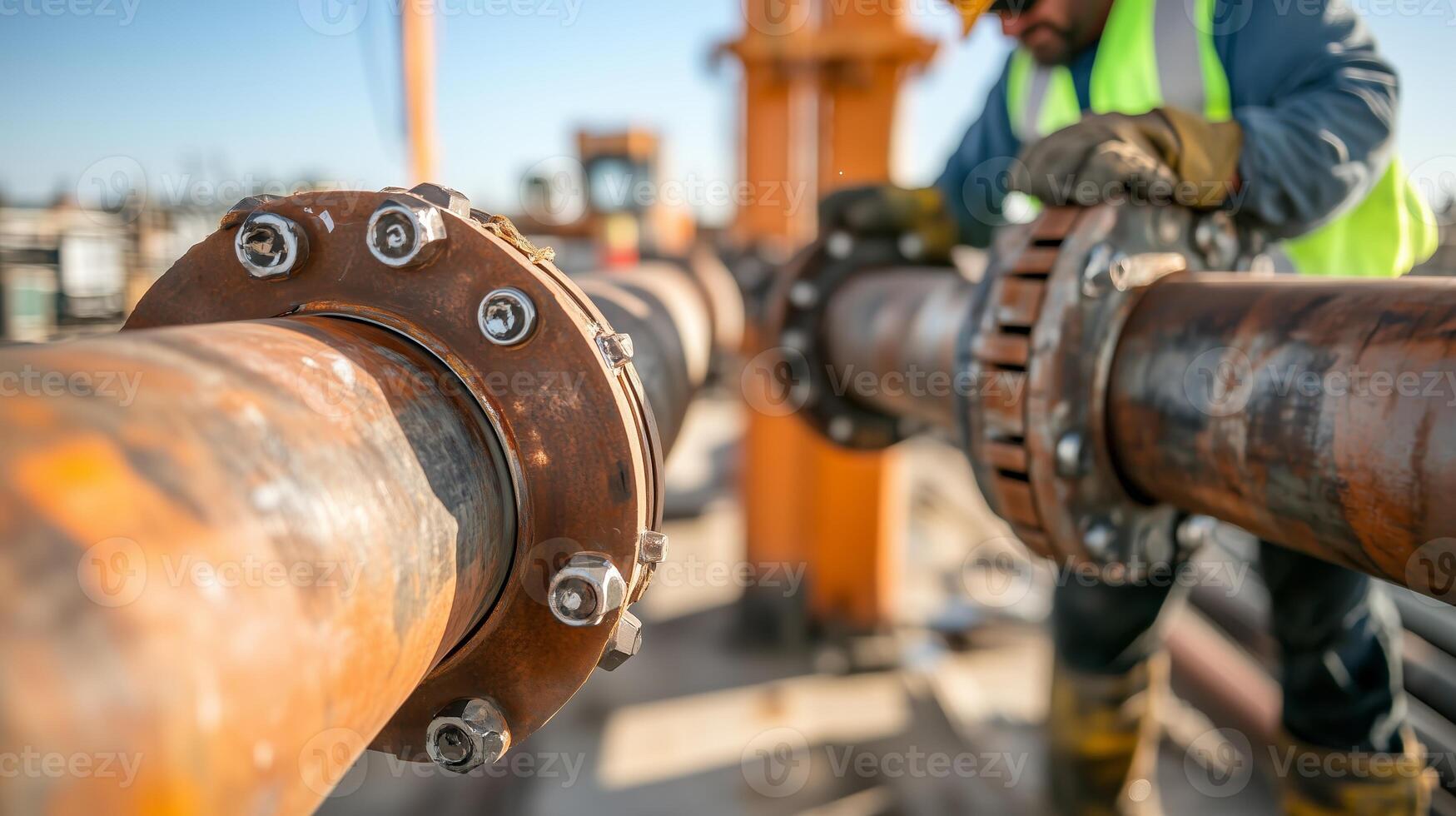 Worker inspects large pipes at a construction site during daytime process of installation and maintenance photo