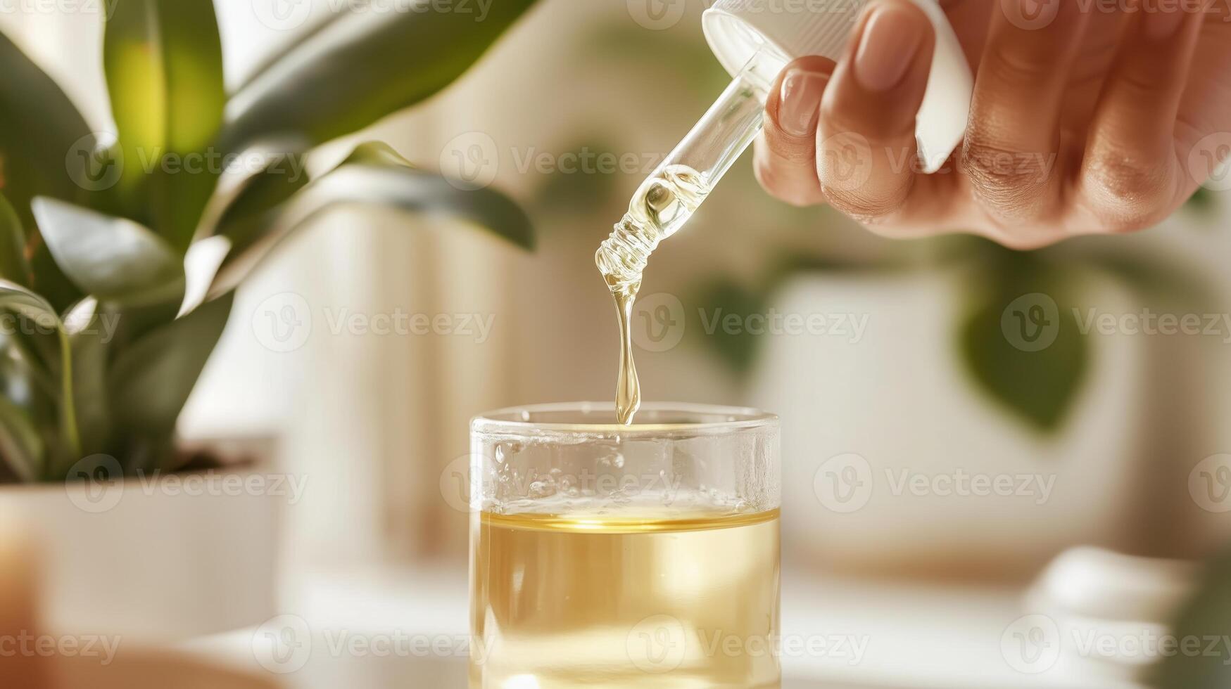 Natural remedy preparation with dropper in a glass surrounded by indoor plants in a cozy setting photo