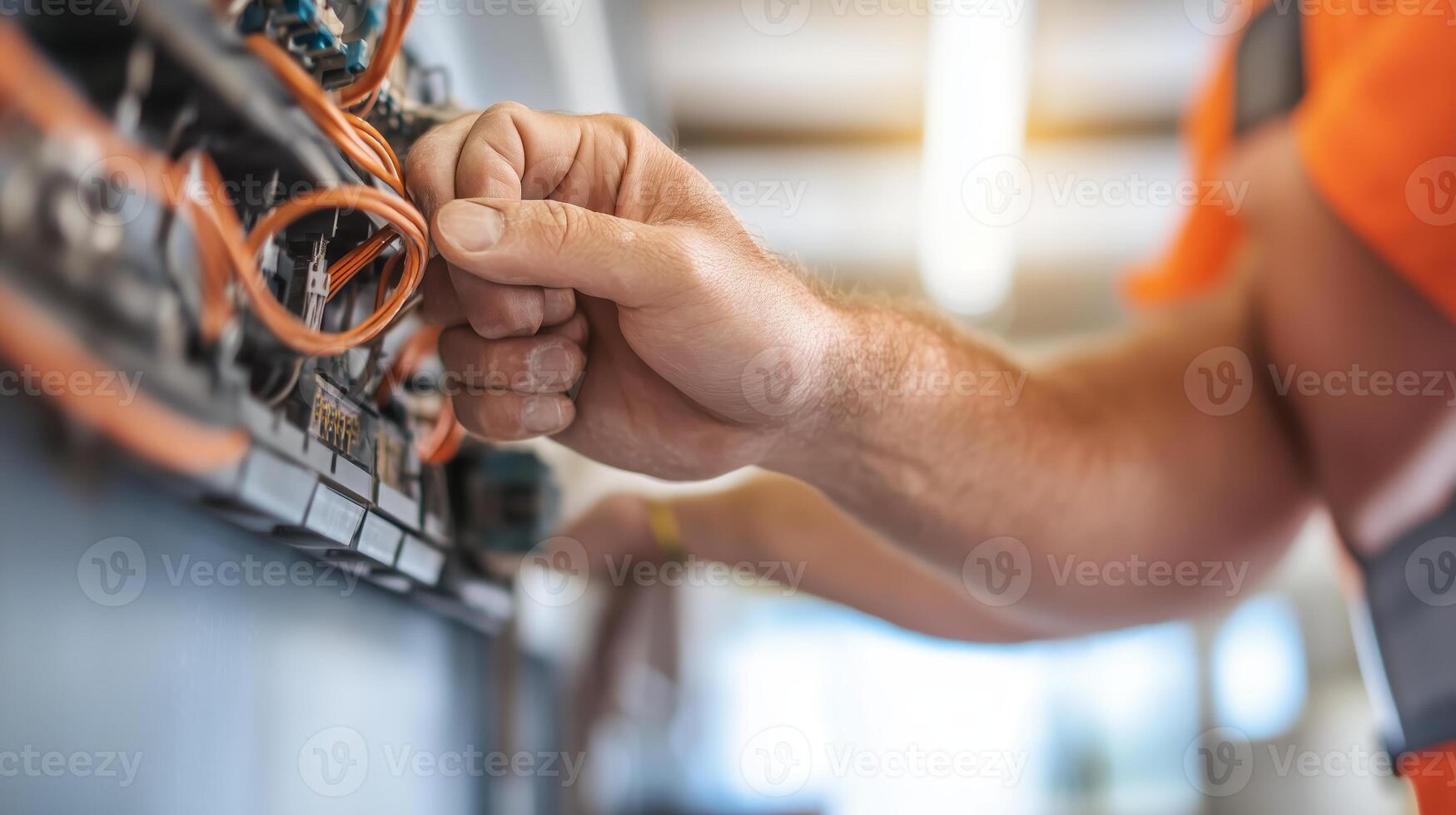 Technician working with electrical wiring in a well-lit industrial environment during the day photo