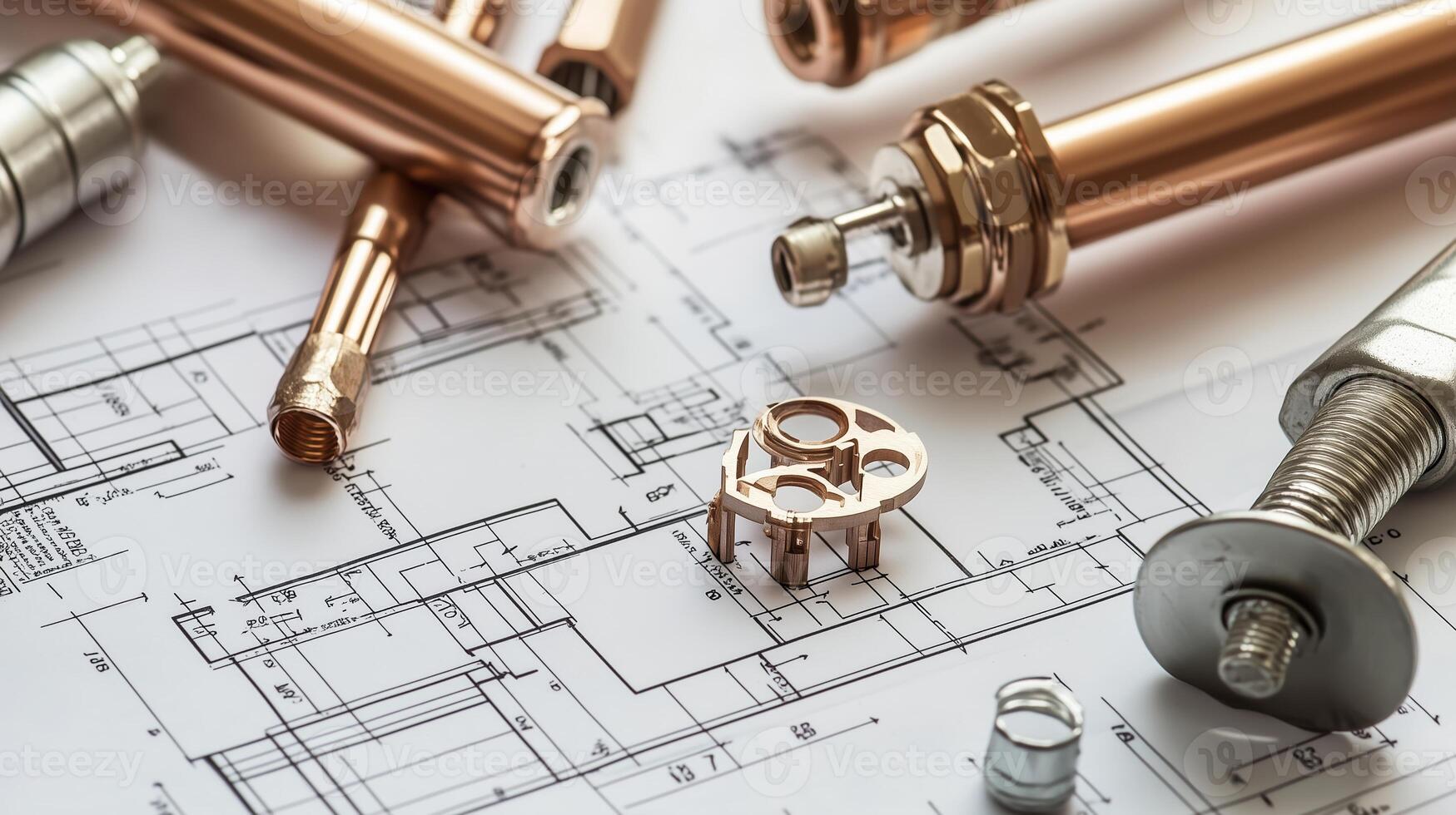 Detailed engineering components with blueprints displayed on a worktable in a workshop setting photo
