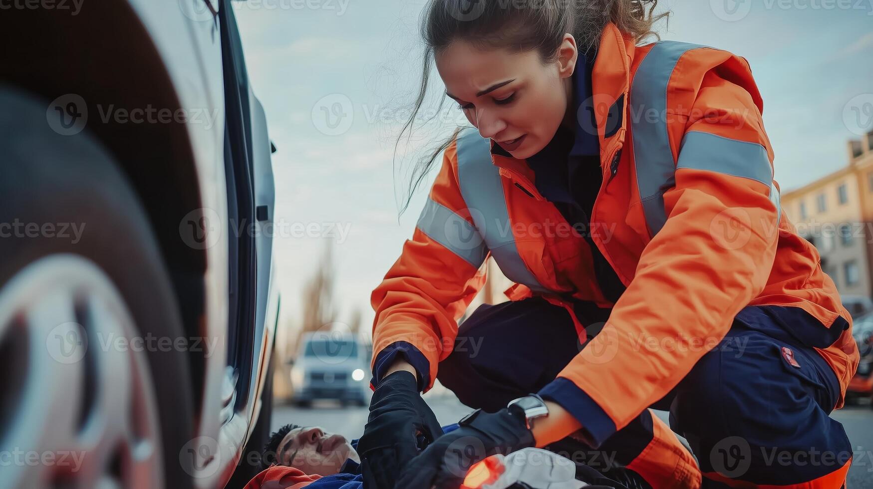 Emergency responder provides care at accident scene in urban area during late afternoon photo