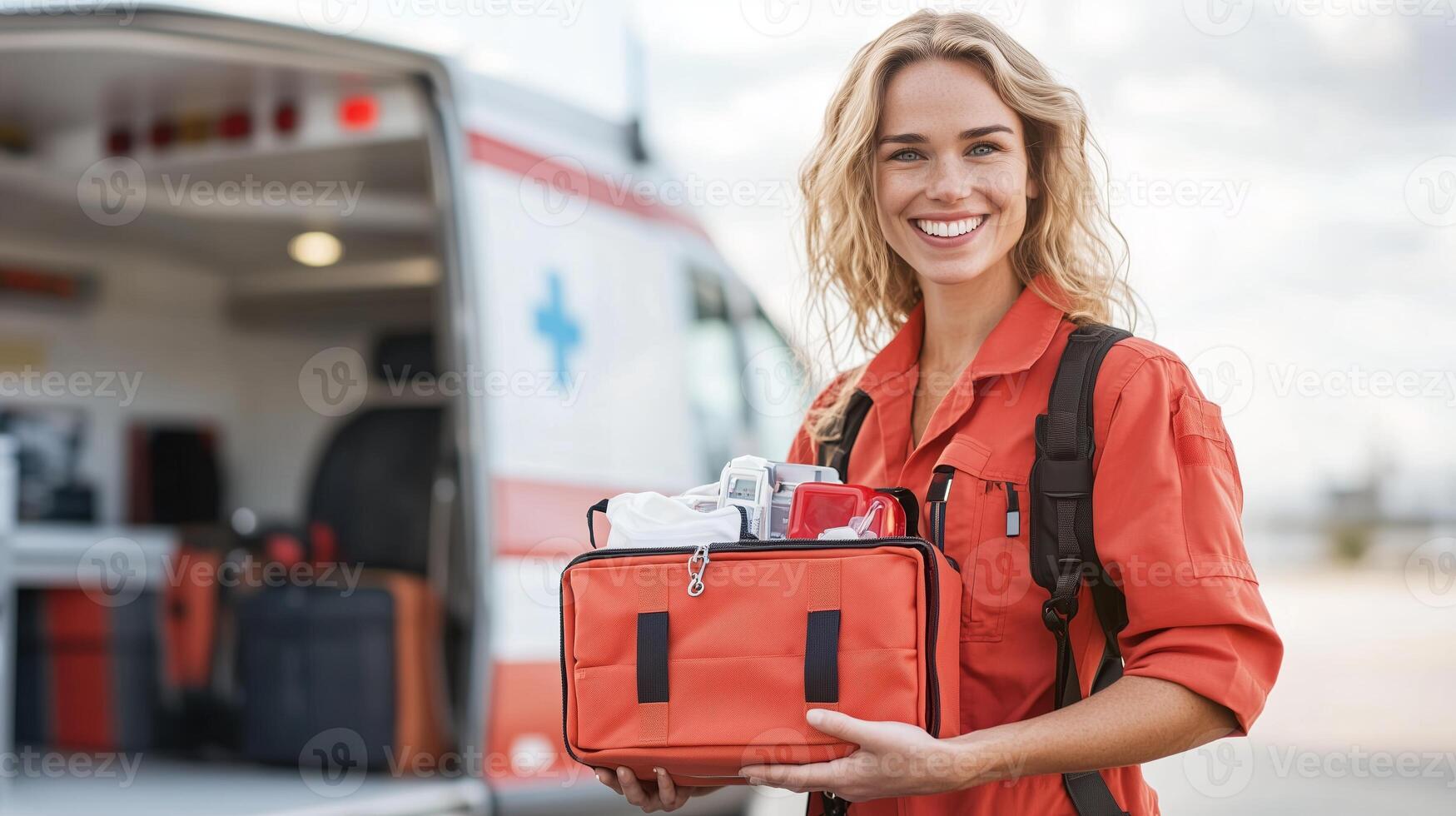 Emergency medical technician smiling while holding a medical kit outside an ambulance during daytime photo