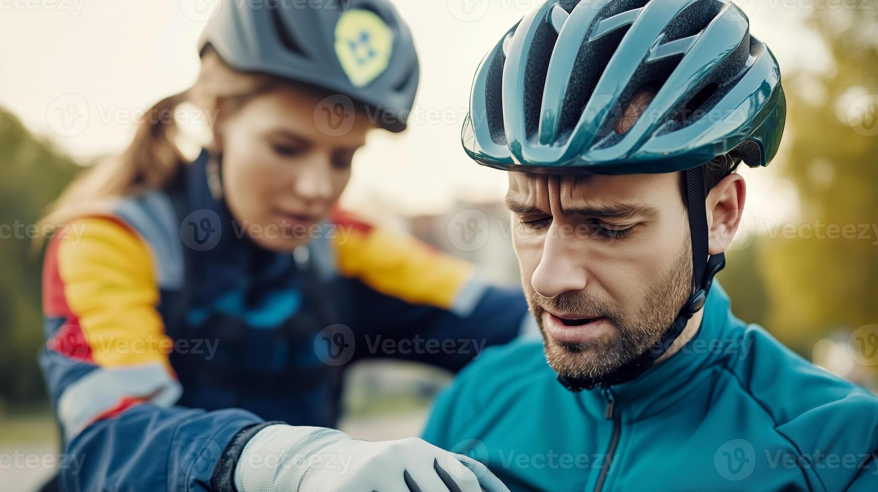 Emergency help provided to injured cyclist during outdoor activity at local park in afternoon sunlight photo