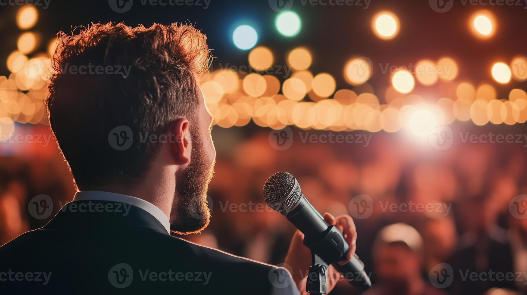 Singer performs on stage during an evening event with colorful lights and an engaged audience in the background photo