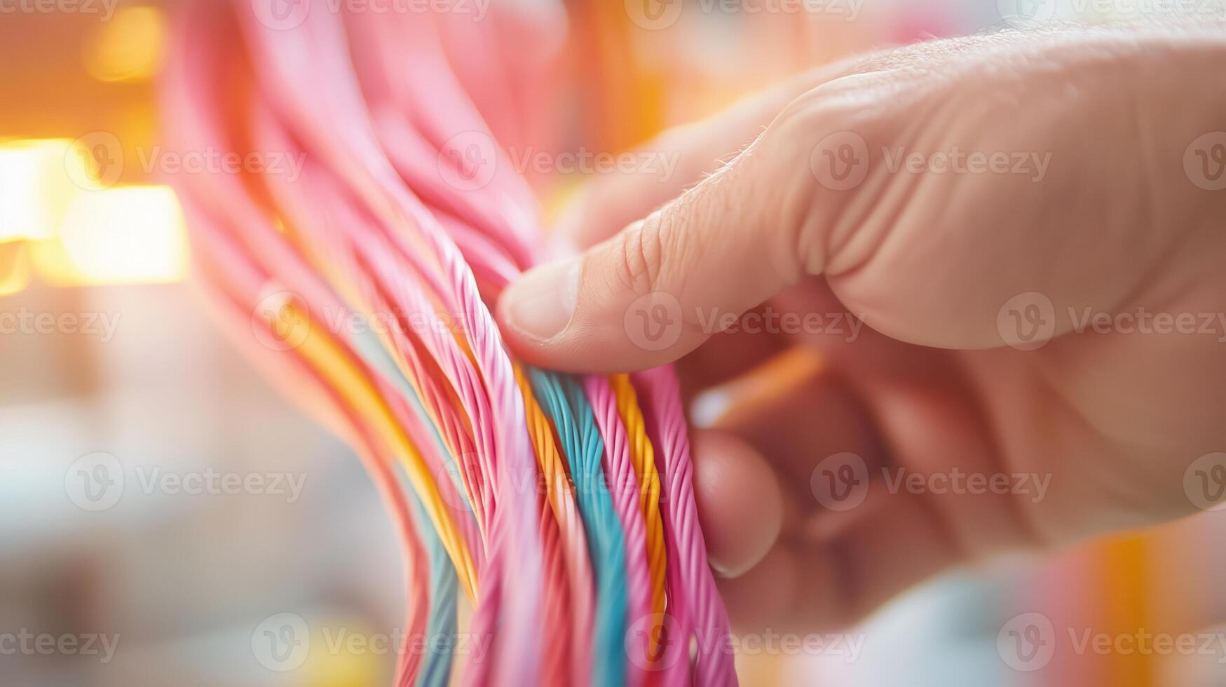 Colorful cables being handled in a workshop during daylight hours photo