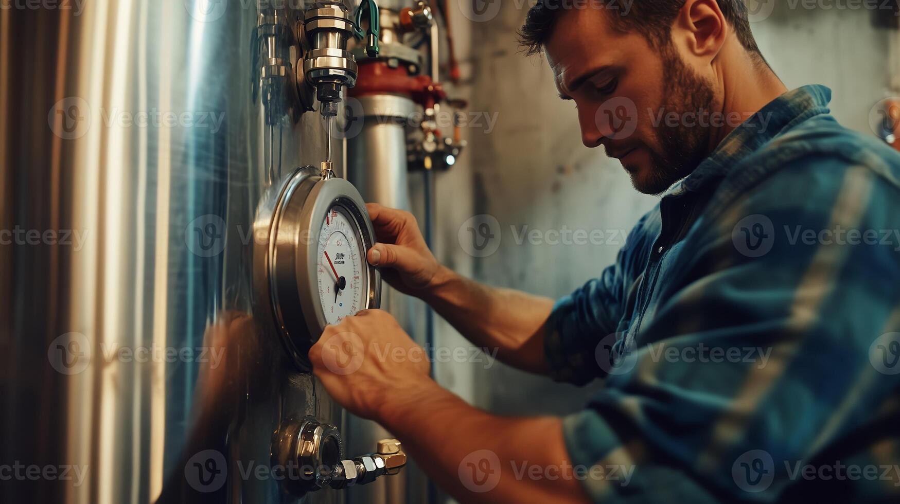 Man performs maintenance check on pressure gauge in industrial facility during daytime work hours photo