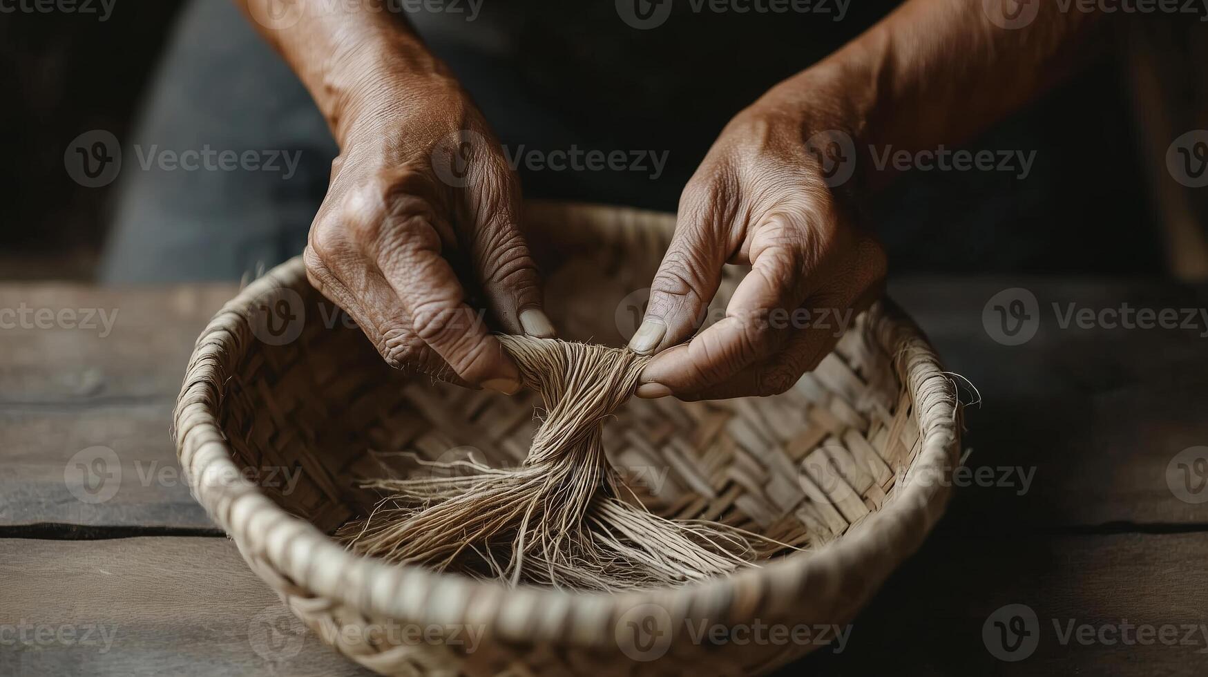 Hands skillfully weaving natural fibers into a basket in a rustic workshop during daylight hours photo