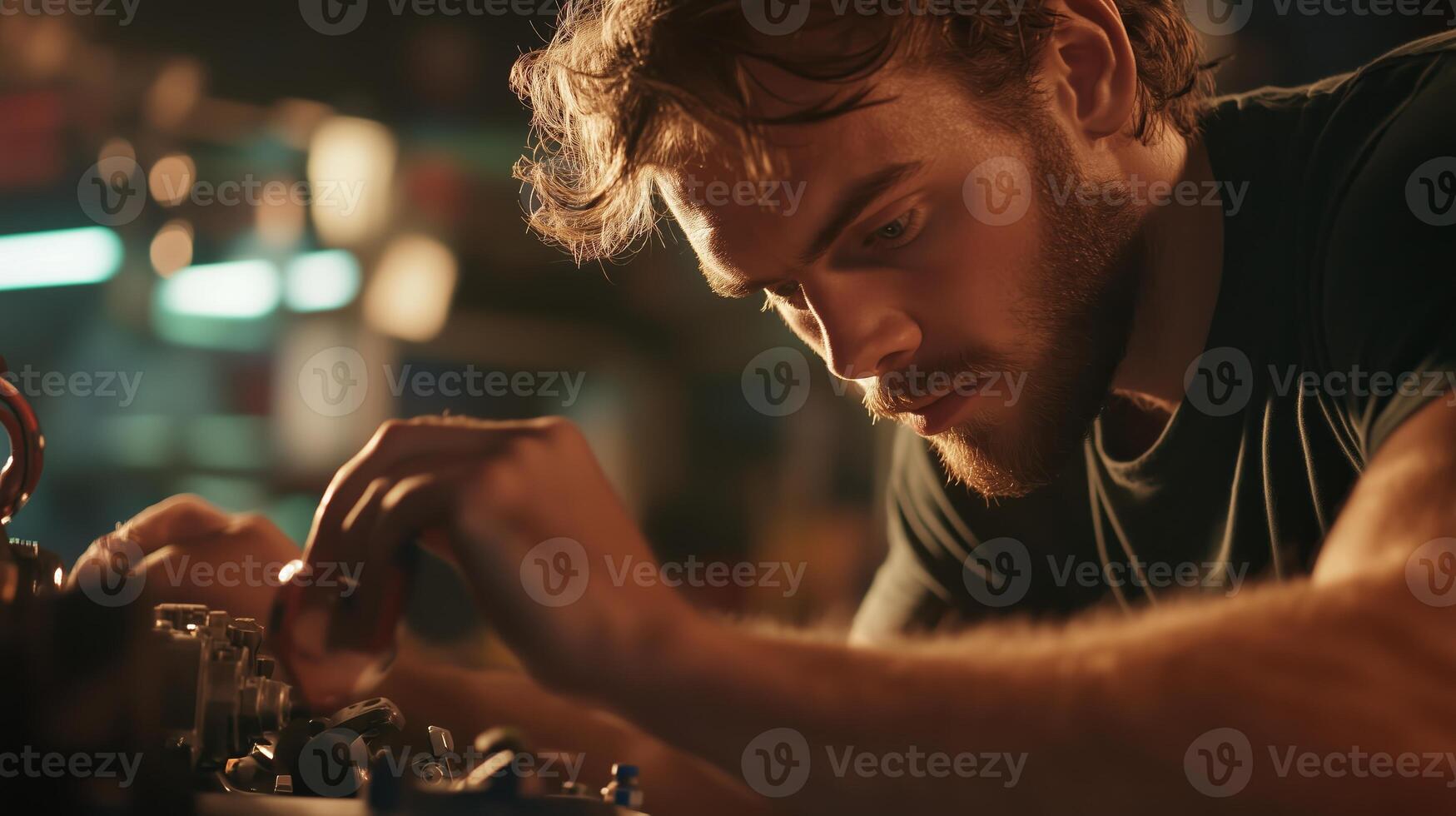 Young man working intently on electronics in a workshop during late evening hours photo