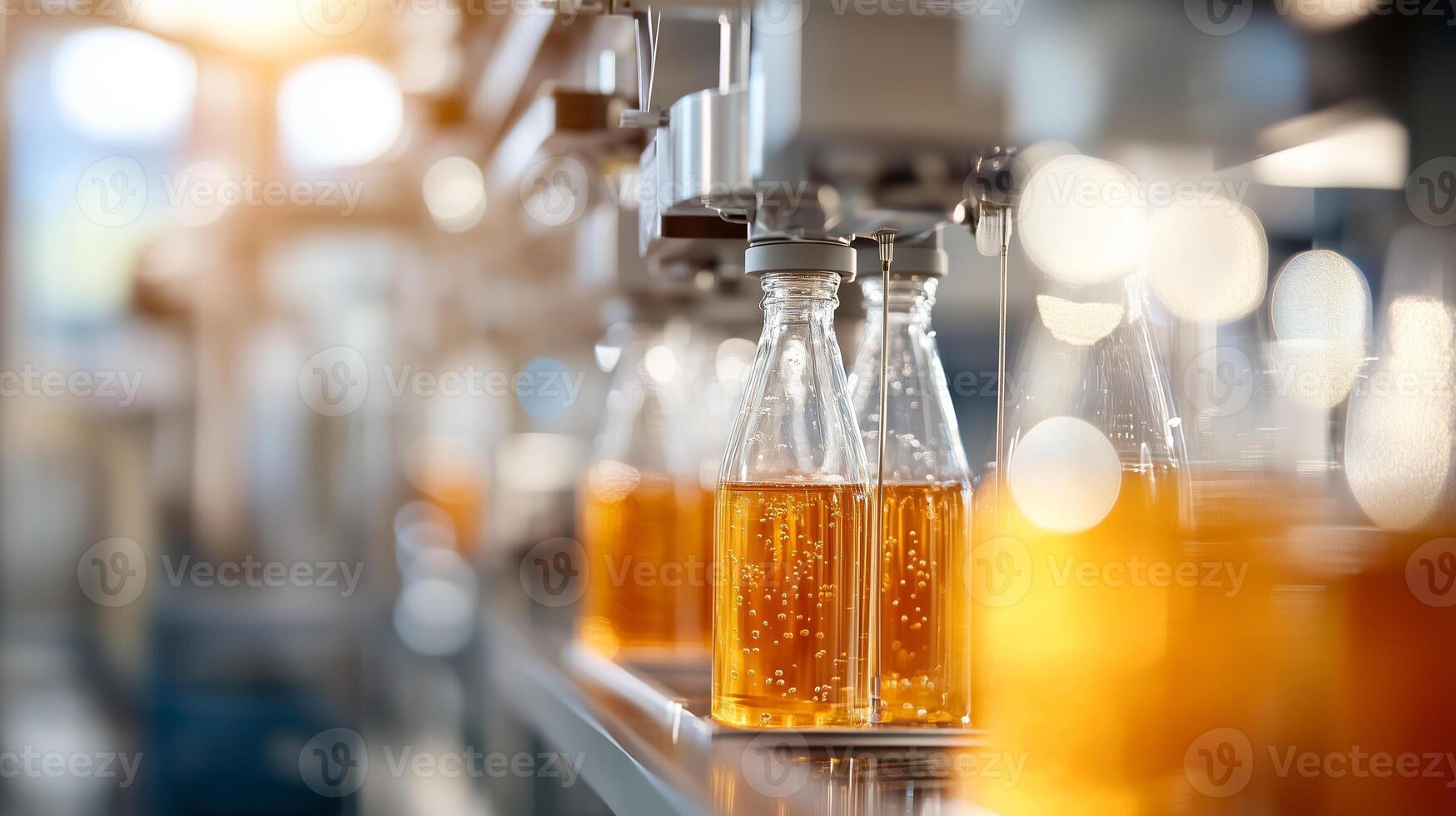 Bottling process of amber liquid in a modern beverage production facility during day hours photo