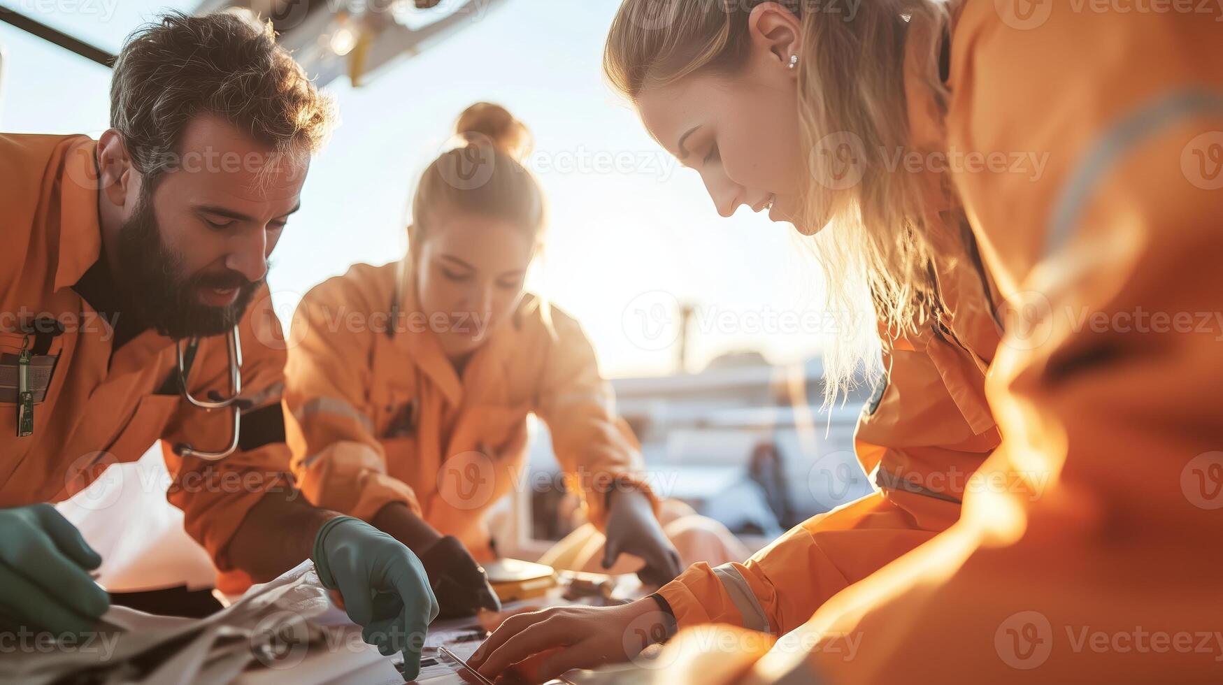 Team of marine researchers in orange suits studying samples at sunset on a coastal research vessel photo