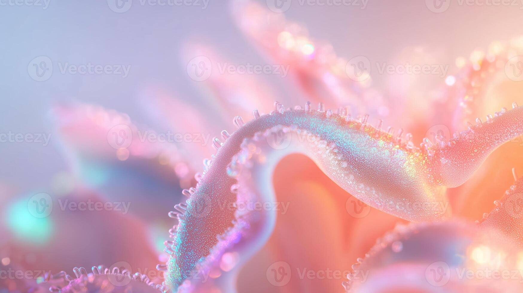 Vibrant close-up of a delicate flower showcasing intricate details and sparkling dewdrops at dawn photo